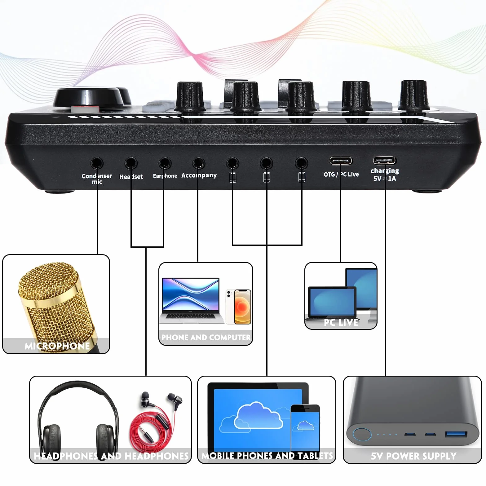 ALLWIN Karta dźwiękowa na żywo i interfejs audio z efektami miksera DJ i zmieniaczem głosu, mikser audio stereo Bluetooth F998, do strumieniowania na żywo YouTube, komputera, studia nagrań i gier