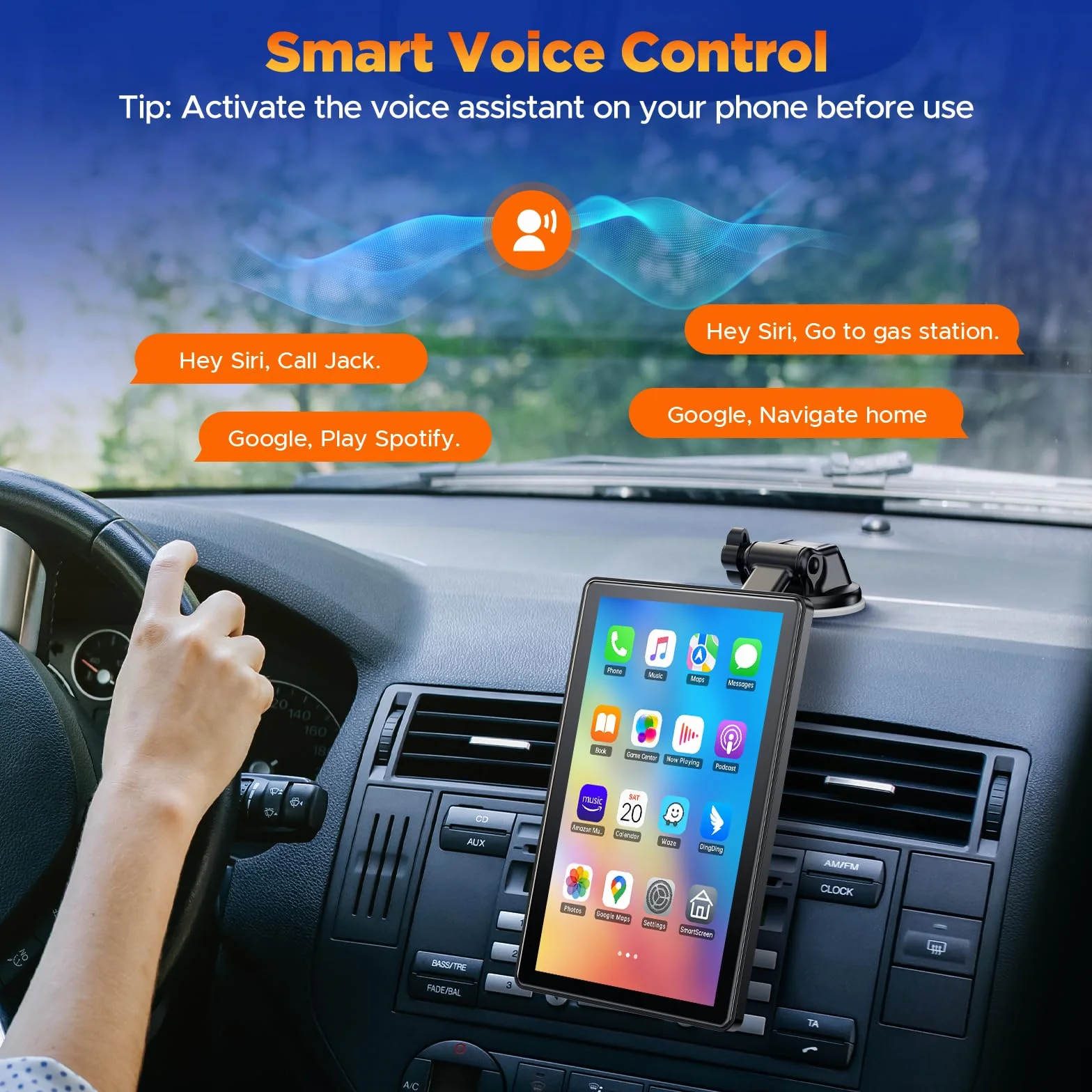 Volam Wyświetlacz Carplay 17.8 cm z funkcją A-pple Carplay Android Auto, ekran poziomy i pionowy, uchwyt magnetyczny, przenośne samochodowe stereo z nawigacją na żywo, sterowanie głosowe, łącze
