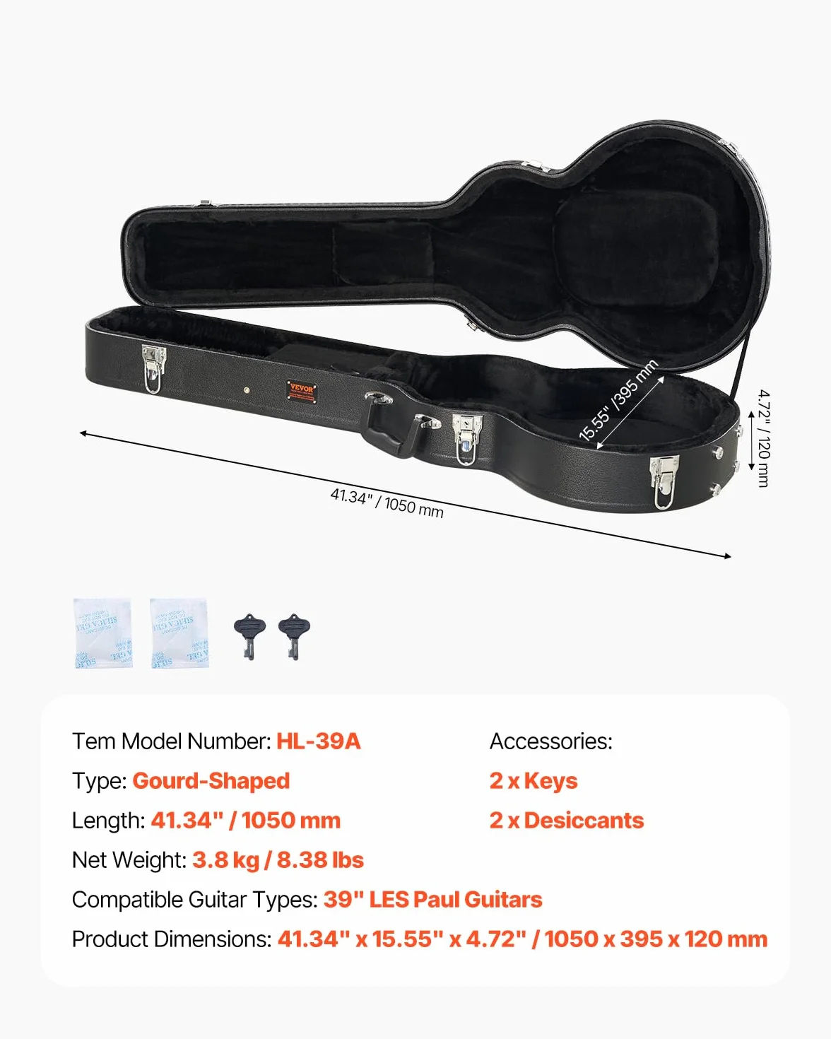 VEVOR Twardy futerał na gitarę elektryczną 1050 mm z zamkiem na klucz, uchwyt, wypełnienie PCW, miękka podszewka, wodoodporne do gitar elektrycznych 39 cali, 99 cm, czarne