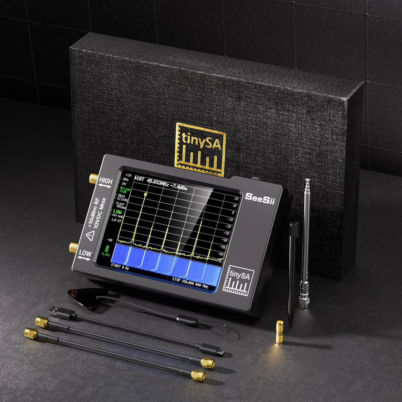 Seesii Analizator widma TinySA, zaktualizowany przenośny analizator małej częstotliwości 100 kHz-960 MHz Wejście MF/HF/VHF/UHF, Generator sygnału z ekranem dotykowym 2.8'' z ochroną ESD