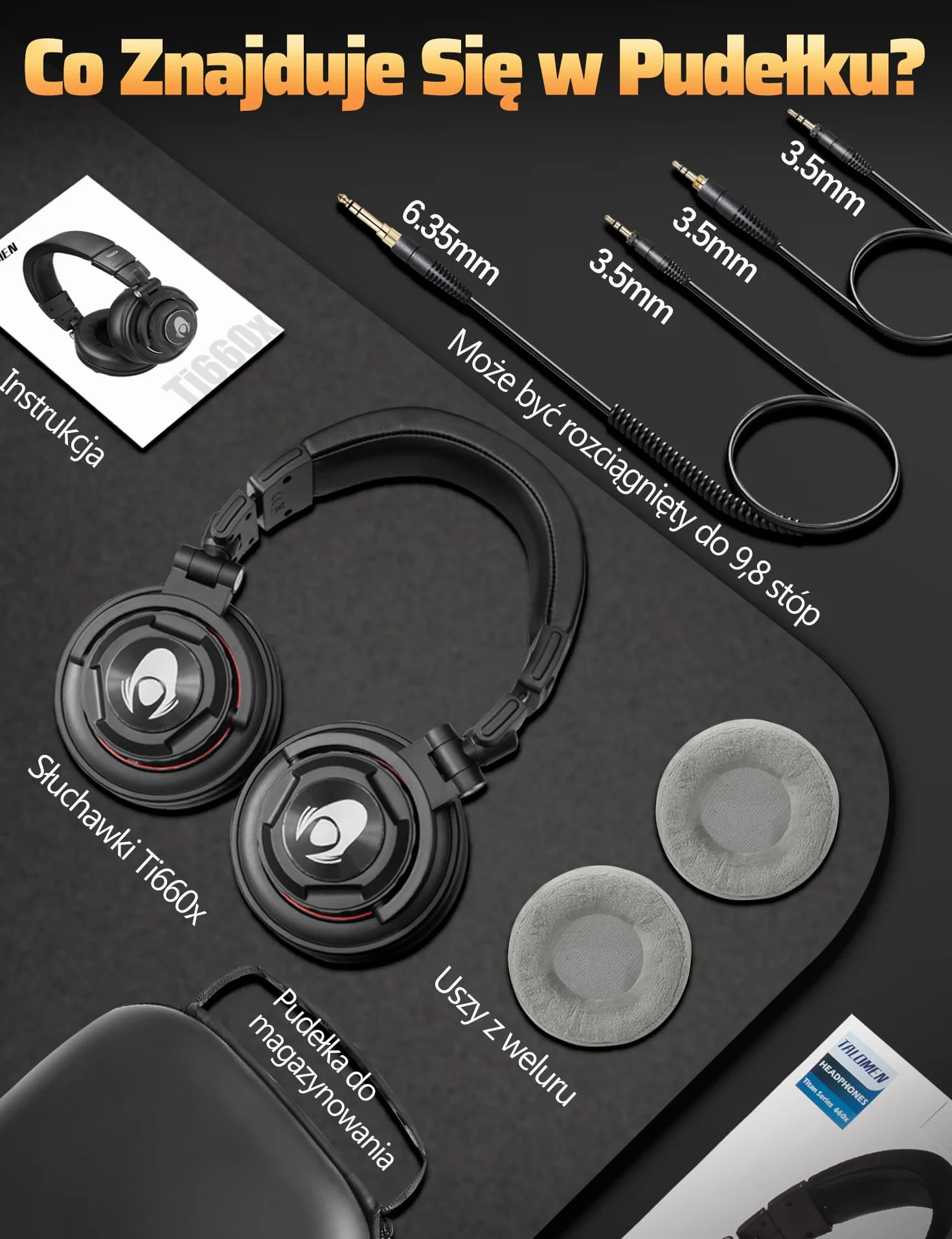 talomen TI660X słuchawki nauszne, przewodowe słuchawki stereo z głośnikiem 50 mm, słuchawki HiFi z wtyczką 3,5 mm, adapter 6,35 mm, wymienne nauszniki do studia, DJ/telefonu komórkowego, komputera