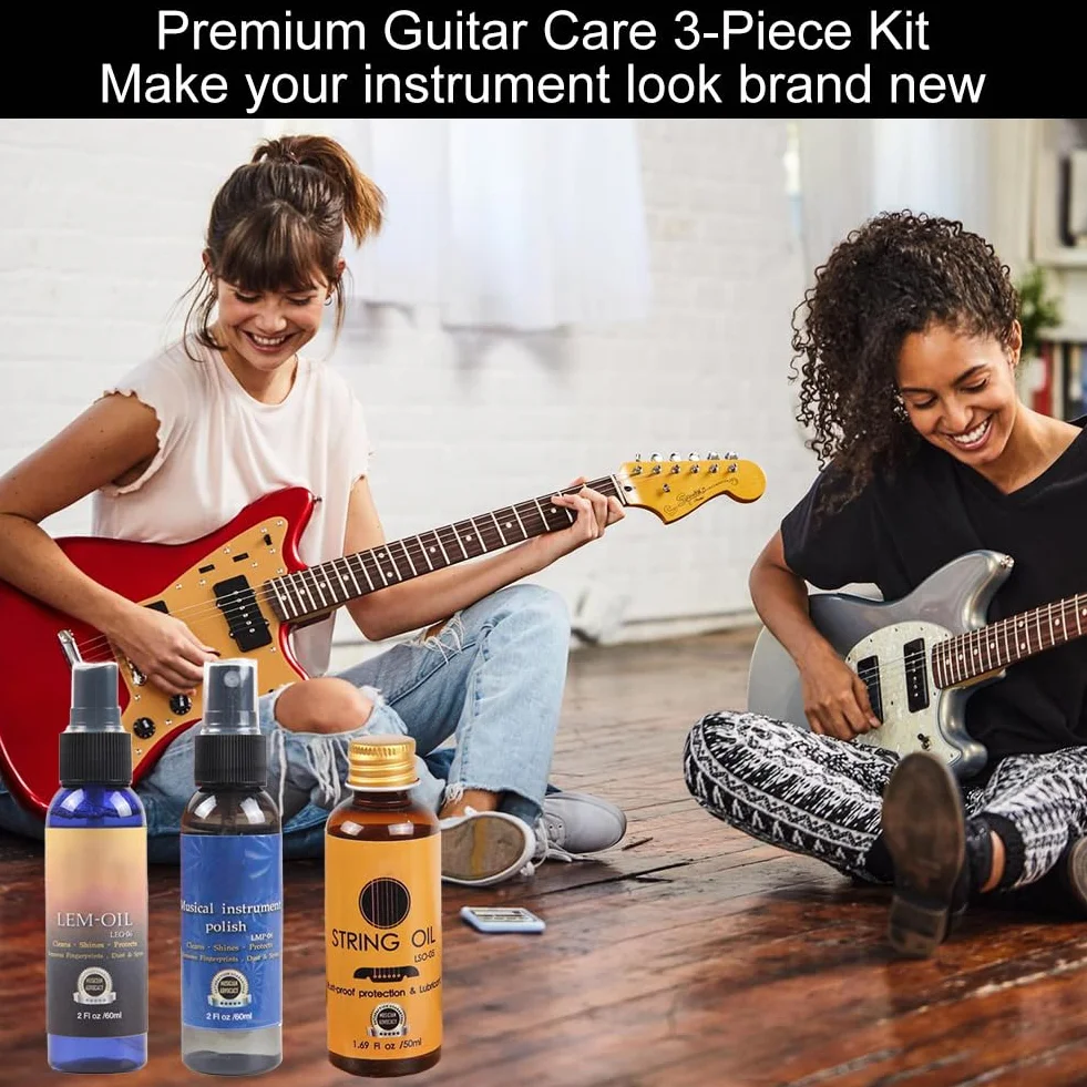 Czyszczenie gitary, Zestaw do czyszczenia gitary, Zestaw do pielęgnacji gitary, Guitar Cleaning Set, z politurą do gitary, olejem cytrynowym do podstrunnicy, olejem do czyszczenia strun, ściereczką do