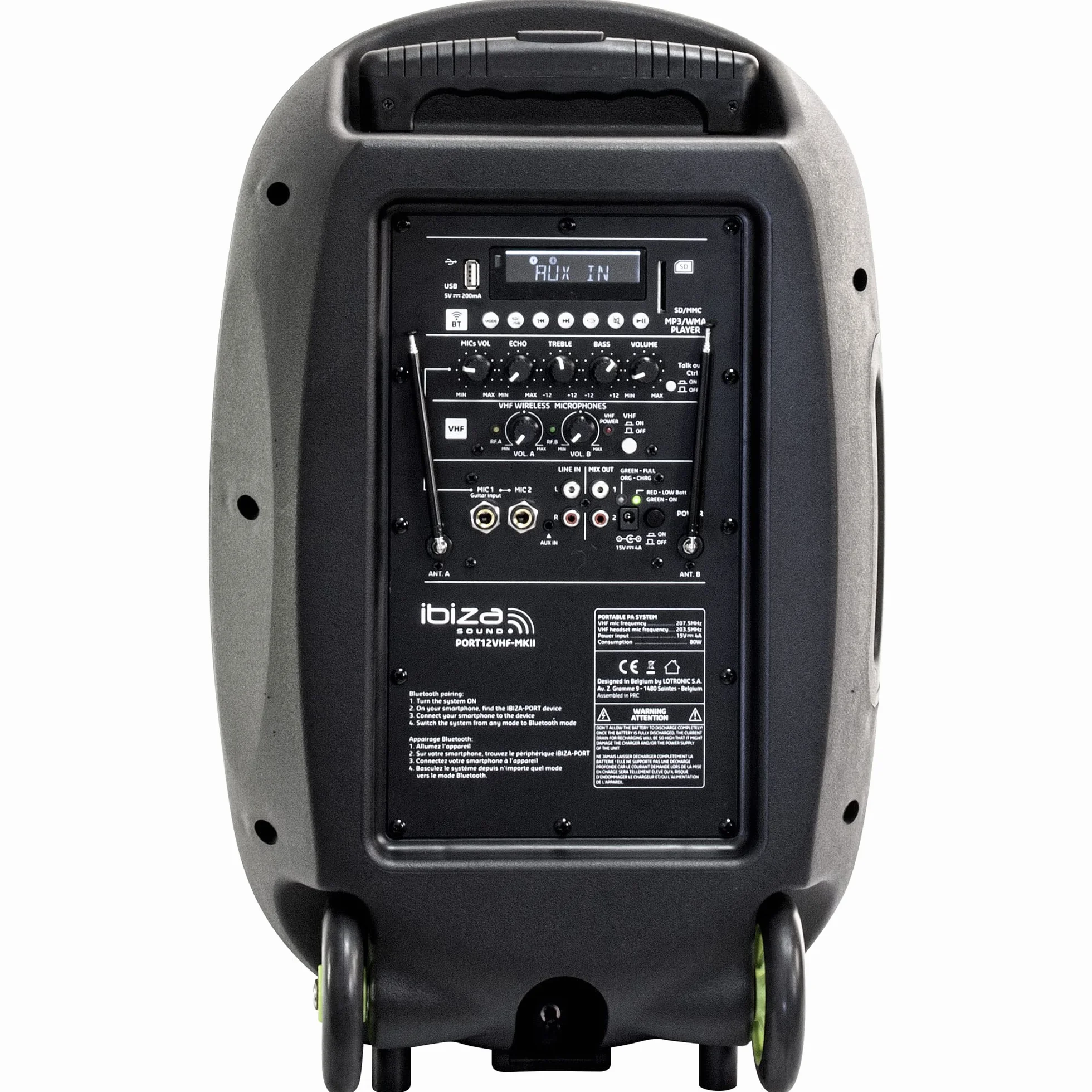 Ibiza - PORT12VHF-MKII - Przenośny głośnik 12"/700W MAX z 2 mikrofonami (VHF), pilotem i etui na akcesoria - Bluetooth, USB, SD - autonomia od 5 do 7h