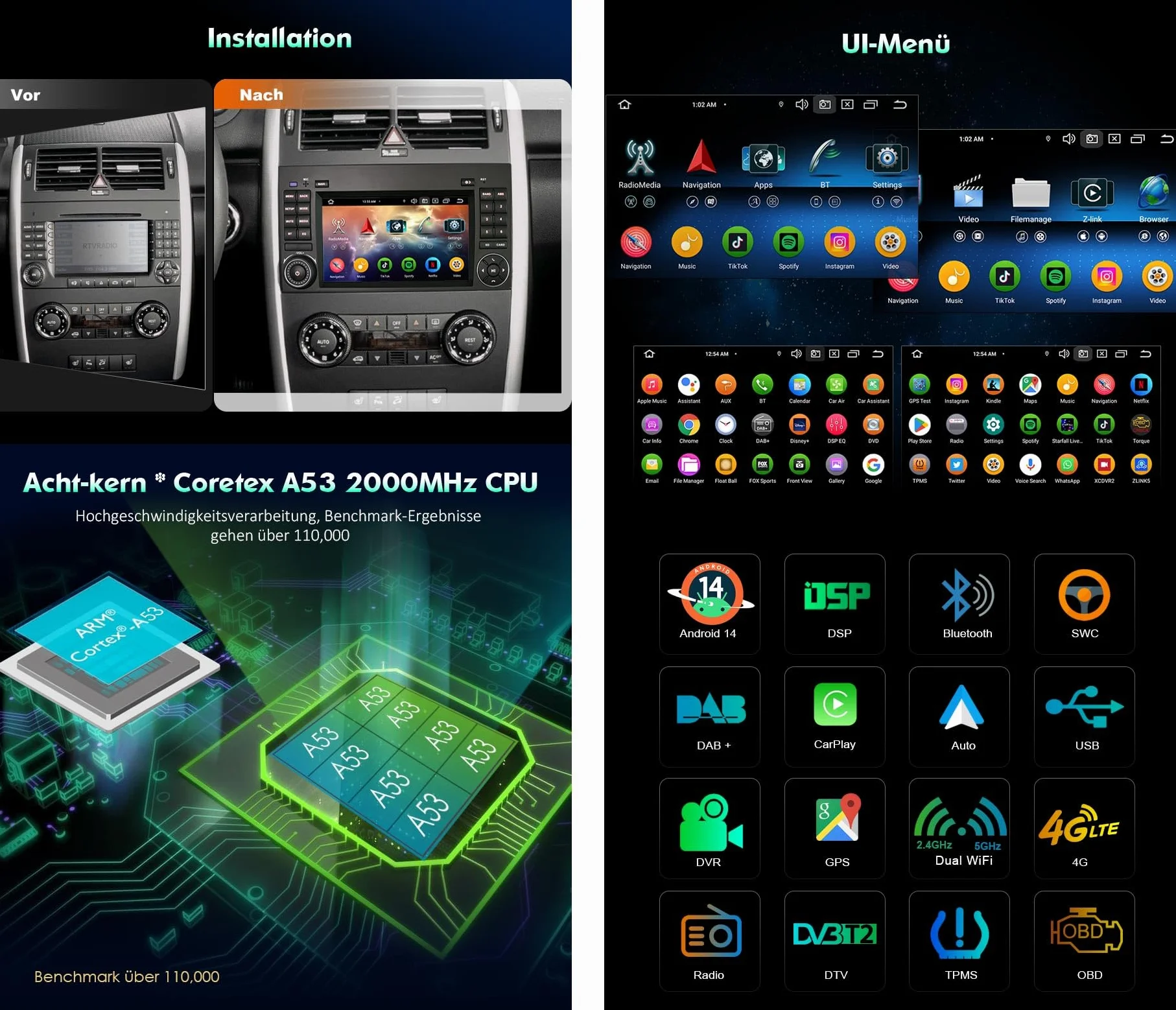 Erisin radio samochodowe 7" 8-rdzeniowe 4GB+64GB z systemem Android 14, Bluetooth, GPS, nawigacja do Mercedesa Klasa A W169, Klasa B W245, Viano, Vito, Sprinter, VW Crafter, Canbus, CarPlay, Android