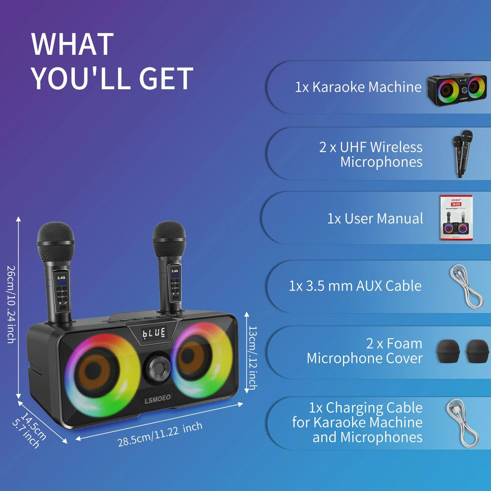 Maszyna do karaoke dla dorosłych i dzieci z 2 mikrofonami bezprzewodowymi UHF,przenośny głośnik Bluetooth PA z oświetleniem imprezowym LED na imprezę domową,piknik,samochód,prezenty urodzinowe