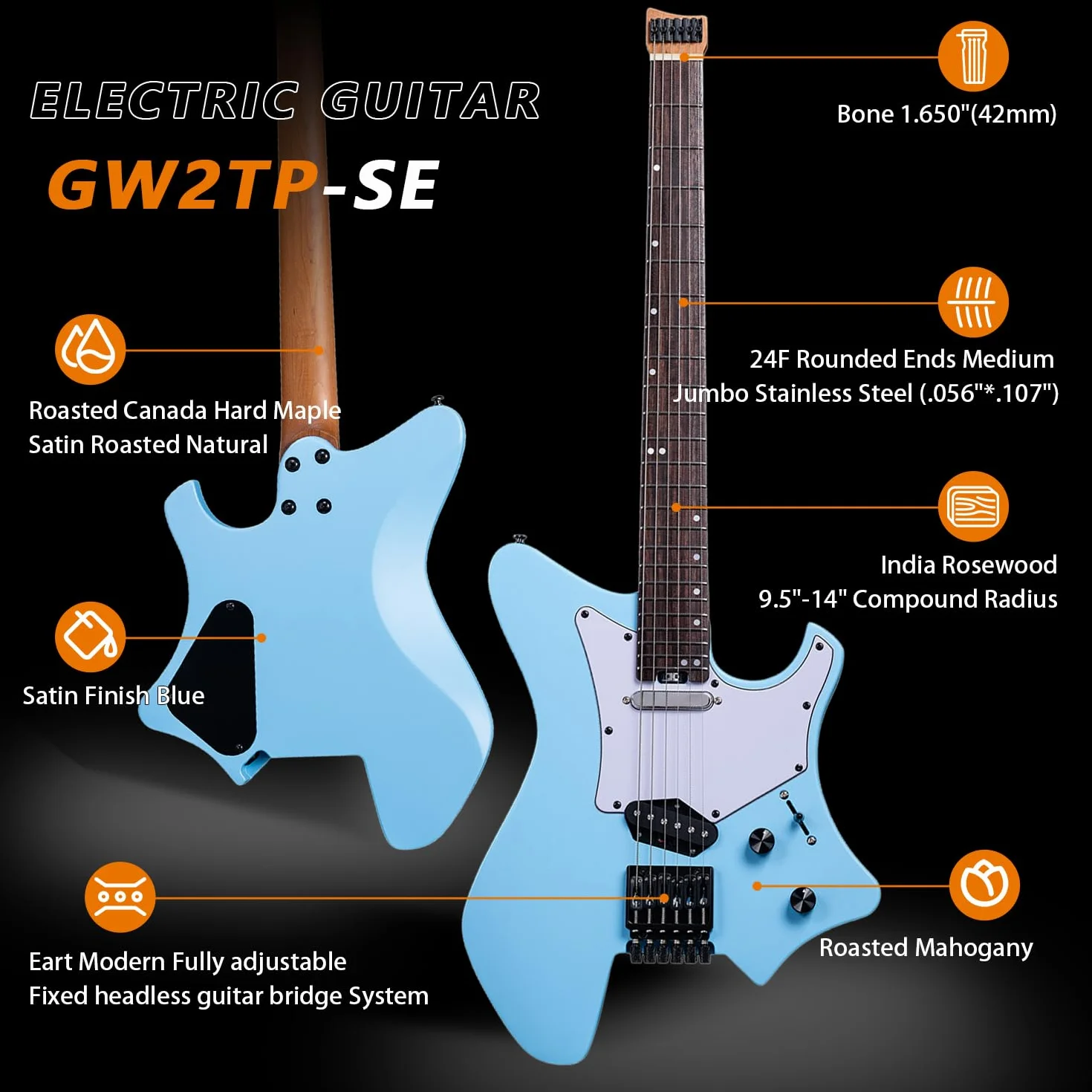 EART GW2TP-SE bezgłowy gitara elektryczna z prażonym mahoniowym korpusem, przetworniki Artones-TSE, zaokrąglone końcówki średnie progi ze stali nierdzewnej Jumbo (niebieska)