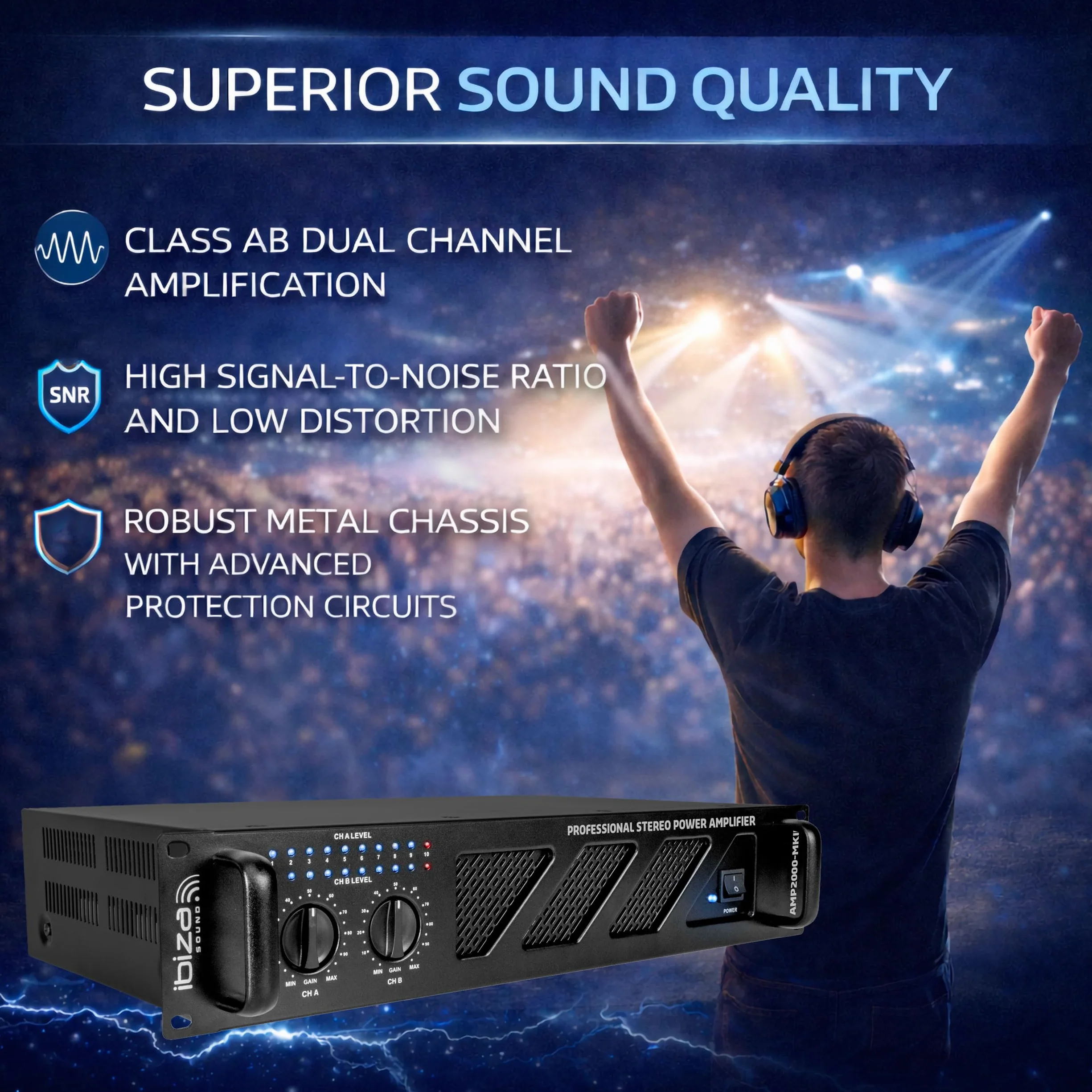 Ibiza - AMP2000-MKII - Profesjonalny wzmacniacz PA 2x1500W z wejściami XLR/Jack i wyjściami Speakon/Borne - Możliwość montażu w szafie 19" - Czarny