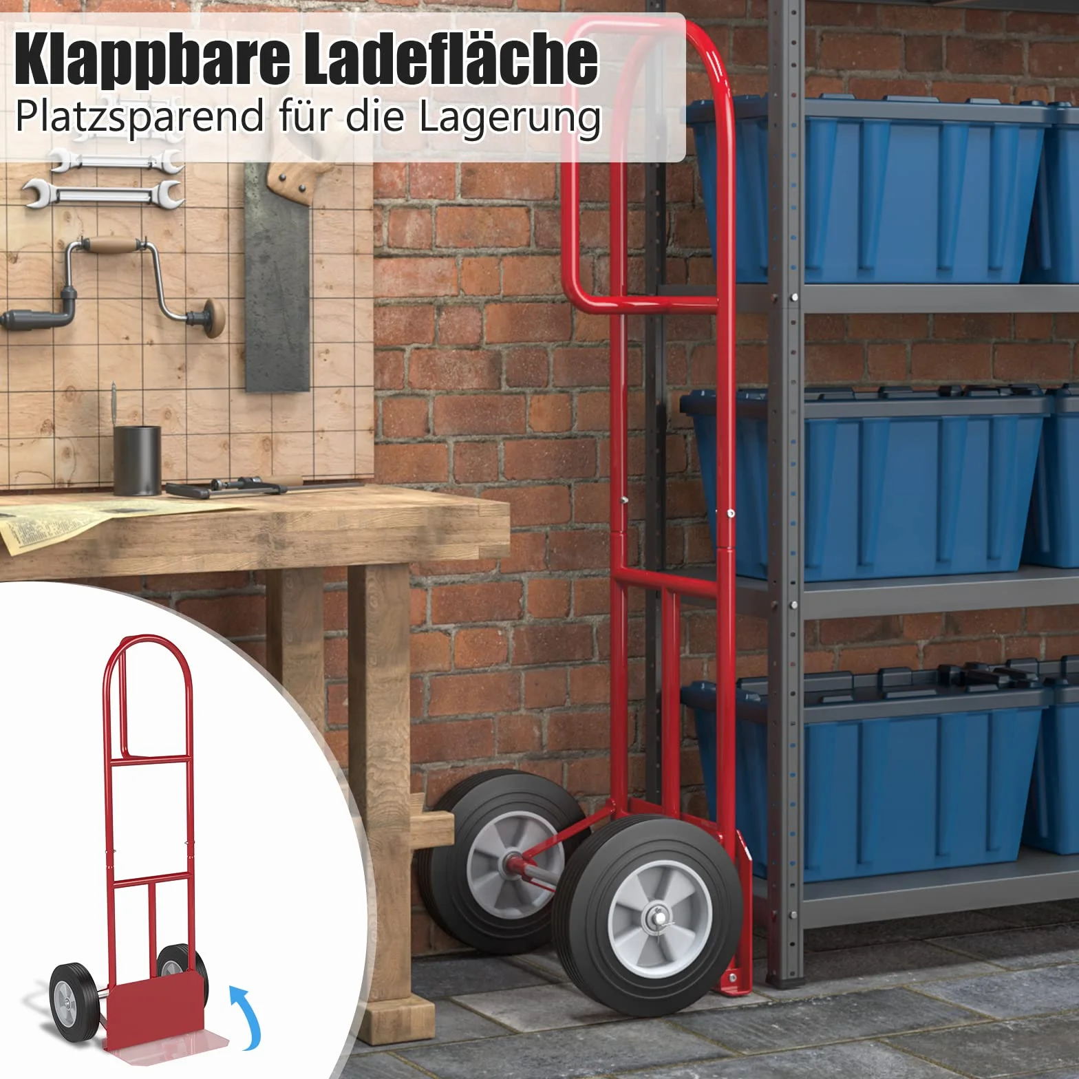COSTWAY Wózek transportowy z uchwytem P, obciążenie do 300 kg, metalowy wózek do dużych obciążeń, wózek transportowy z dużymi kołami i składaną powierzchnią ładunkową, wózek transportowy ręczny (model