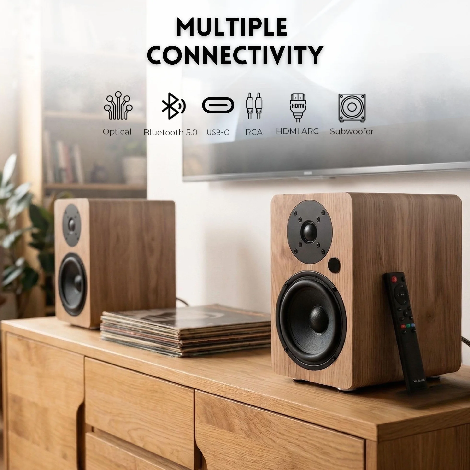 VULKKANO A5 ARC MKII 5,25" głośniki z głośnikiem niskotonowym, Bluetooth 5.0, HDMI ARC, Optica, RCA, USB, z wyjściem subwoofera, głośniki telewizyjne o eleganckim wyglądzie, kolor brązowy