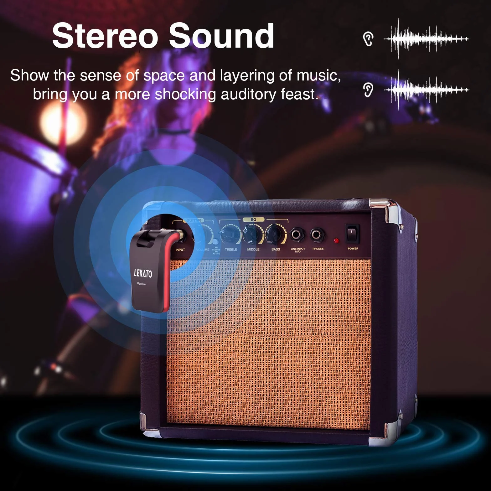 LEKATO Stereo 2,4 GHz bezprzewodowy transmiter gitarowy z wtykami 1/4" i 1/8" do instrumentów dźwiękowych, mono/stereo, wielokrotnego ładowania