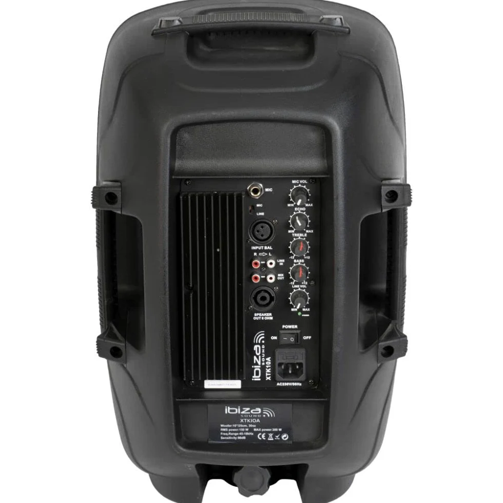 Ibiza - XTK10A - PLUG & PLAY 10"/25cm aktywny zestaw głośnikowy o mocy 300W RMS - kompresyjne głośniki wysokotonowe, system bass reflex, moduł wzmacniacza, wejścia LINE/MICRO - Czarny