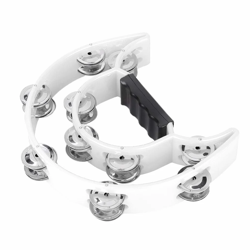 Dwurzędowy Ręczny Tamburyn, Metalowe Dżingle Half Moon Ręczny Muzyczny Bęben Perkusyjny z Ergonomicznym Uchwytem (WHITE)