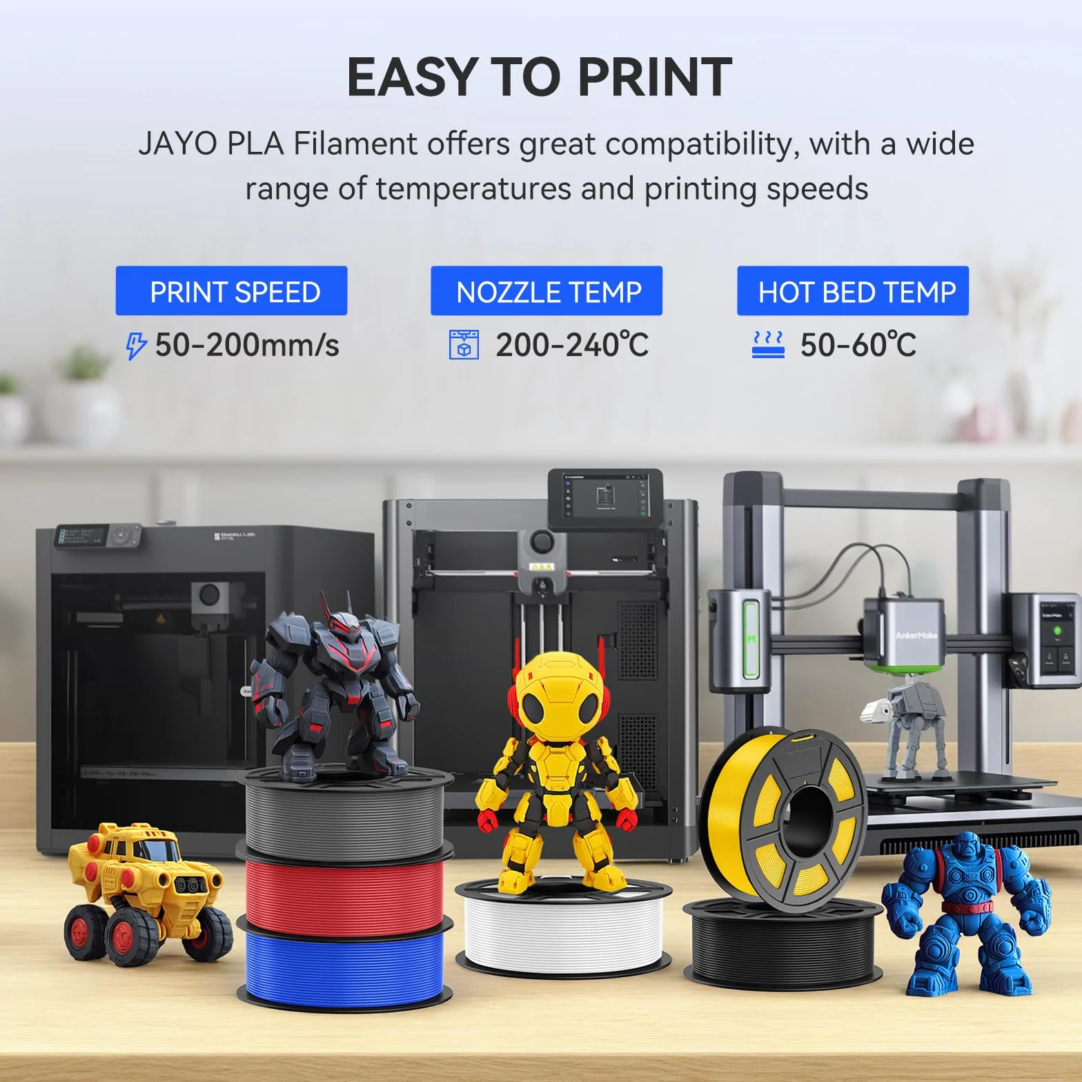 JAYO Filament PLA 1,75 mm, 4,4 kg, Zestaw filamentów PLA do drukarki 3D, 1,1 kg na szpulę, 4 szpule, wielokolorowy, do większości drukarek 3D FDM (czerwony, niebieski, żółty, pomarańczowy)