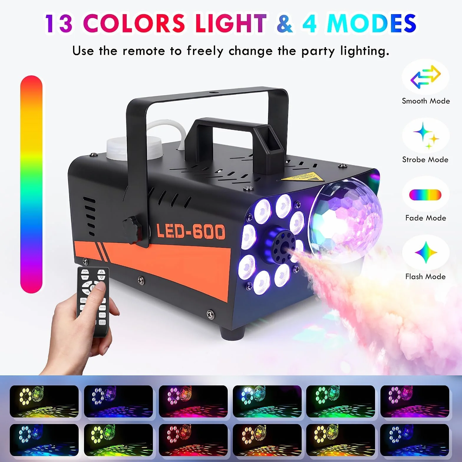 Wytwornica Dymu 600W 3000 CFM LED RGB 13 Kolorów z Pilotem Przewodowym i Bezprzewodowym