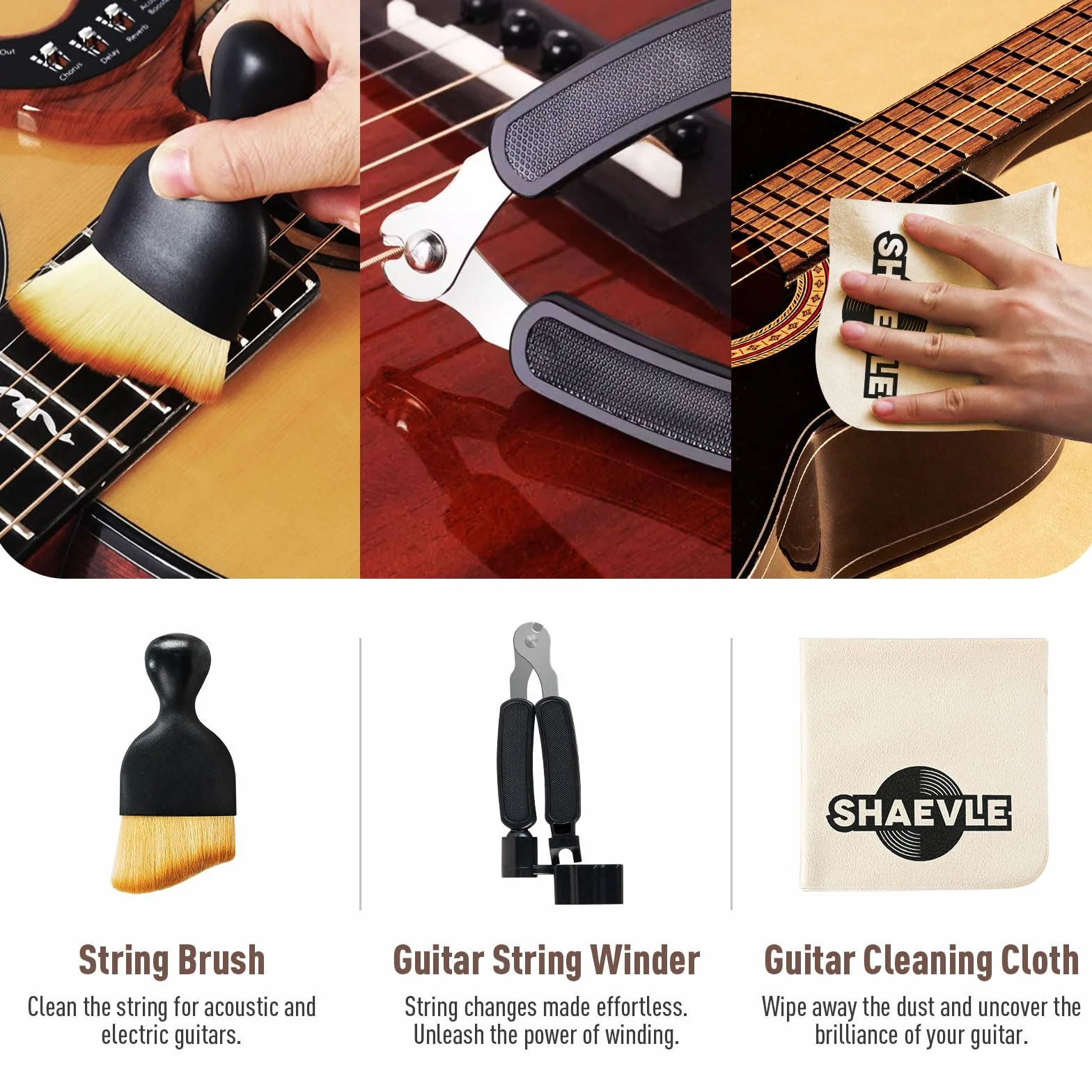 Zestaw do czyszczenia gitary akustycznej: Orange Polish Oil, Fingerboard Lemon Oil, String Cleaner, Guitar String Winder, String Brush, Cleaning Cloth&String Cleaner Cloth