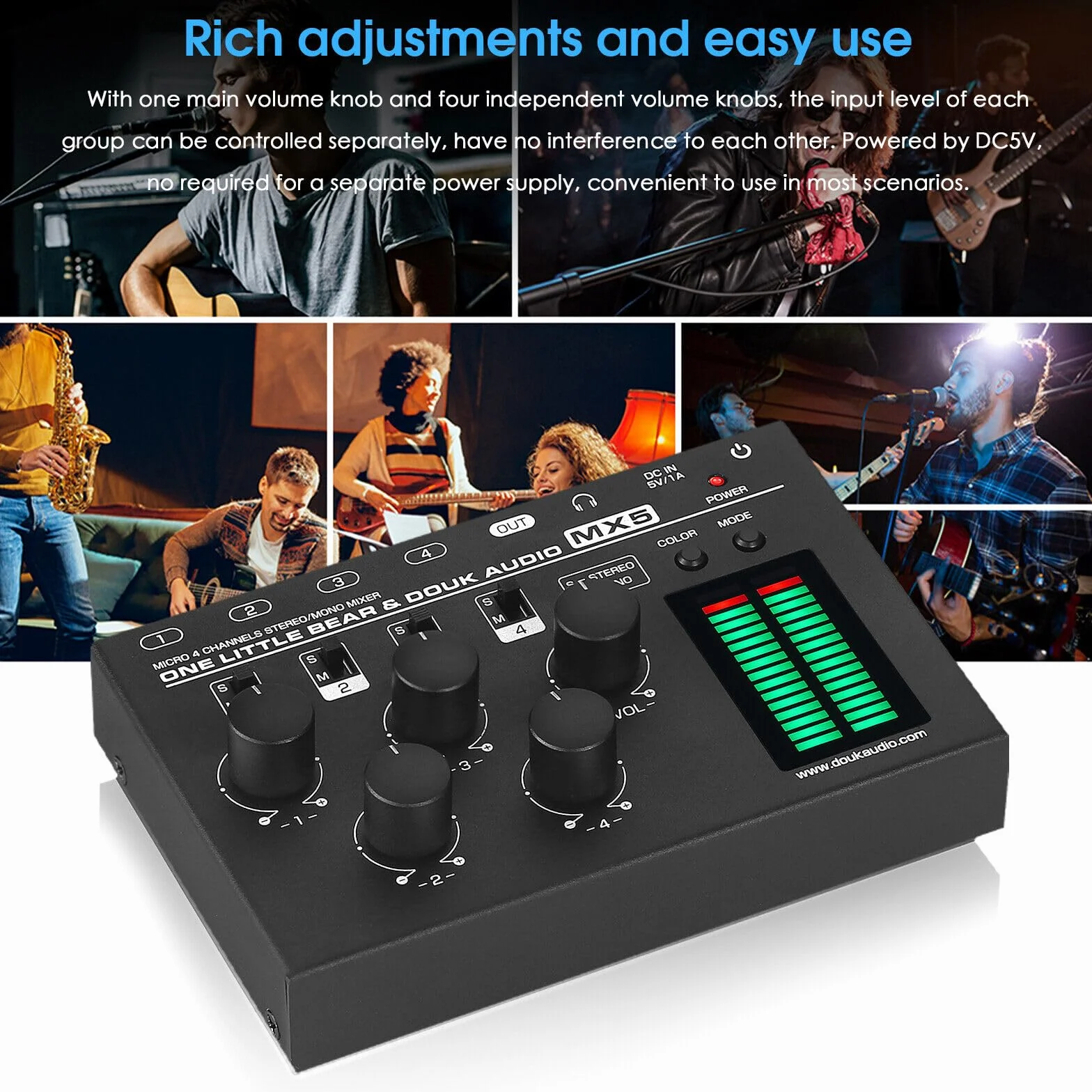 Douk Audio MX5 Mono/Stereo 4-kanałowy mikser audio, ultra cichy mikser liniowy, miernik poziomu LED
