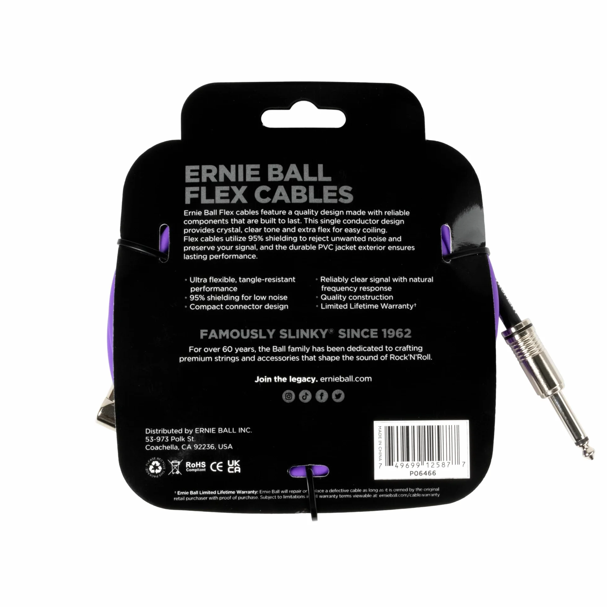 Ernie Ball Flex Kabel Instrumentalny Prosty/Kątowy 6,1 m, Fioletowy