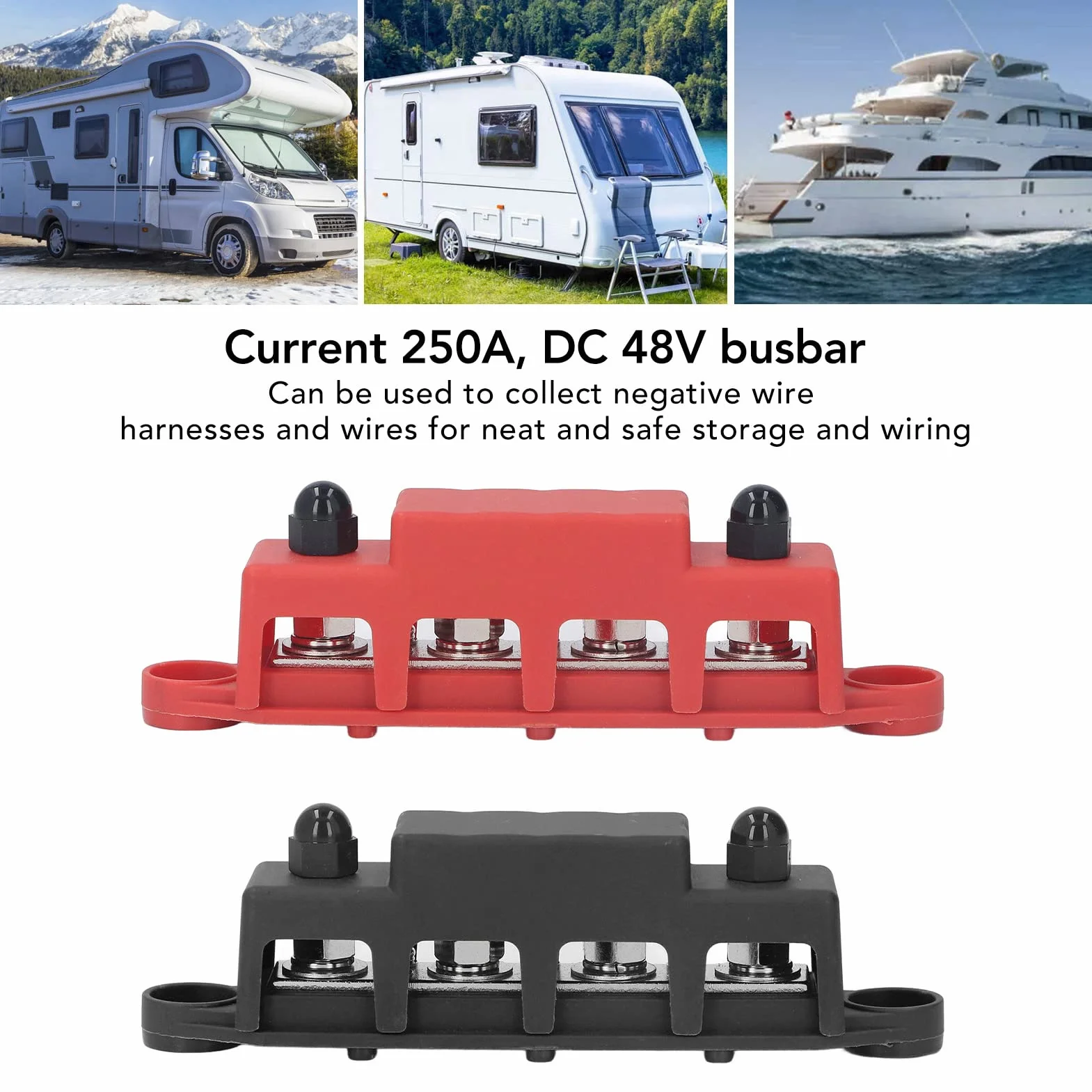 2 szt. Blok Dystrybucji Zasilania Blok Dystrybucji Zasilania, Szyna Zbiorcza 48 V Szyna Zbiorcza DC 48 V 250 A, śruba M8 4 Terminal Stud Blok Dystrybucji Zasilania dla Auto