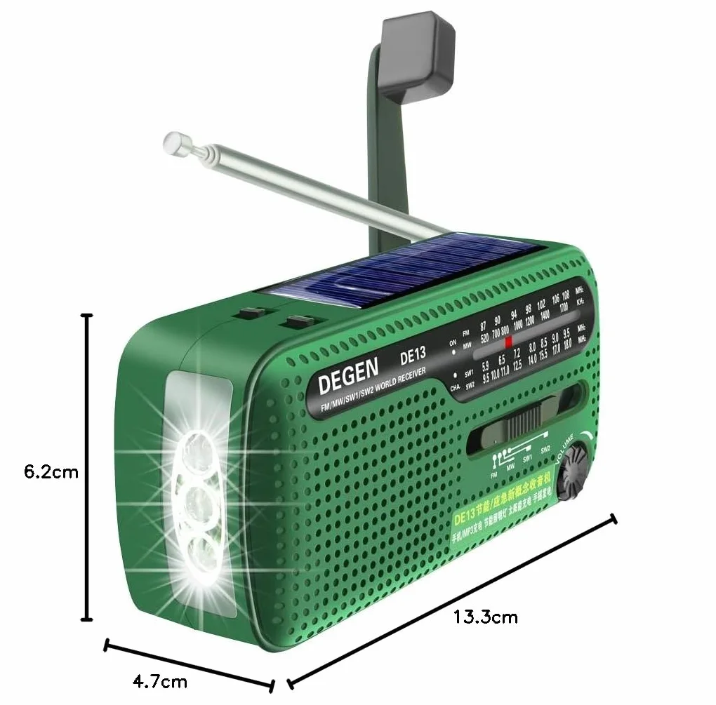 DEGEN DE13 Wind Up Radio korbowe solarne FM AM SW awaryjne radio pogodowe latarka SOS alarm ładowalny telefon komórkowy do użytku awaryjnego i na zewnątrz zielony