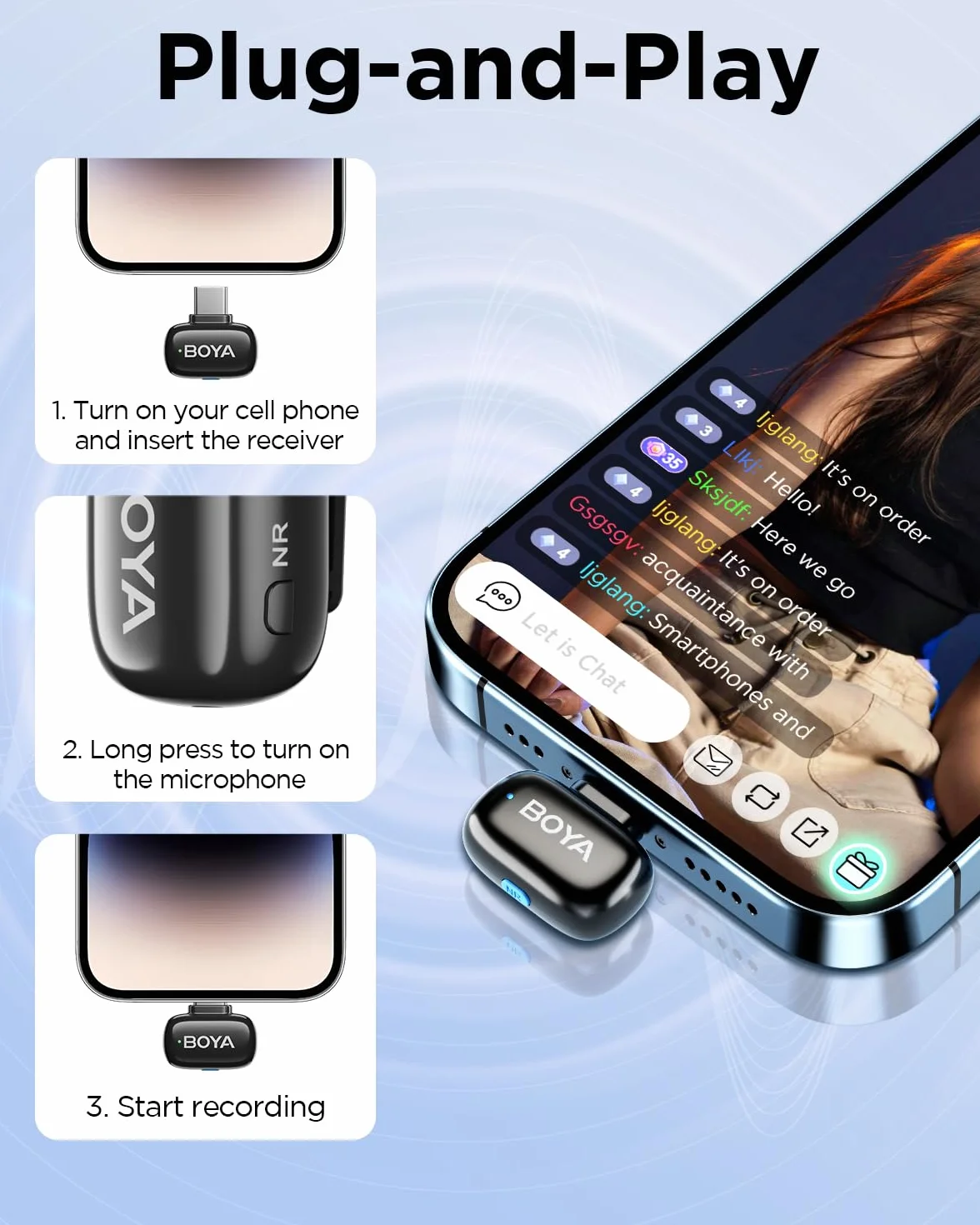 Boya BOYAMini USB-C Mini Bezprzewodowy Mikrofon, Zmiana AI głosu, 2 Pakiet Mikrofonów Lavalier do Podcast Live Stream Tiktok Vlog Nagrań wideo