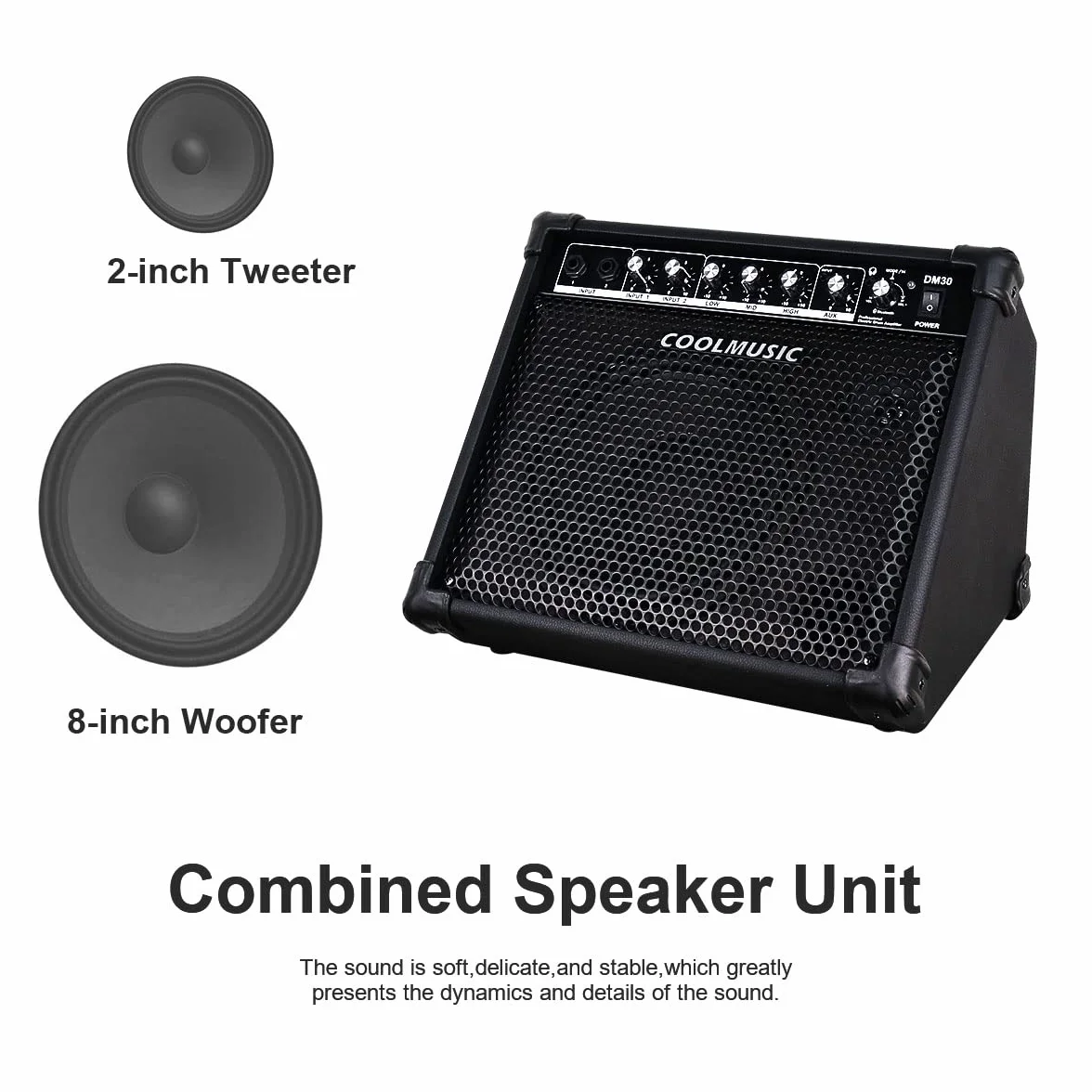 Coolmusic DM30 AMP elektroniczny wzmacniacz perkusyjny 30 W, wzmacniacz klawiatury z wejściem AUX i Bluetooth, 2 wejścia, 3-pasmowy EQ i DI OUT