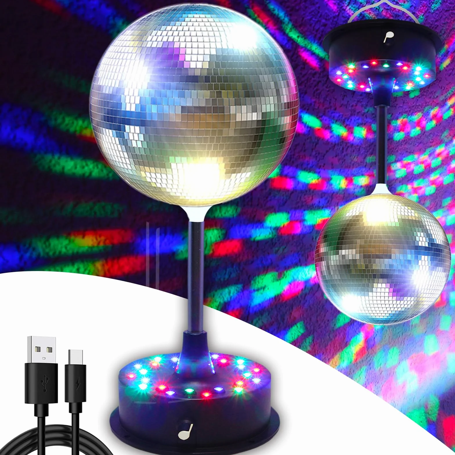 Obrotowe lusterka 15 cm, lampa dyskotekowa, wisząca, srebrna, brokatowa kula z 5 obr./min - 9 obr./min, regulowana obrotowa podstawa silnika, 24 RGB LED, nastrojowe światła DJ, idealne na imprezę, do