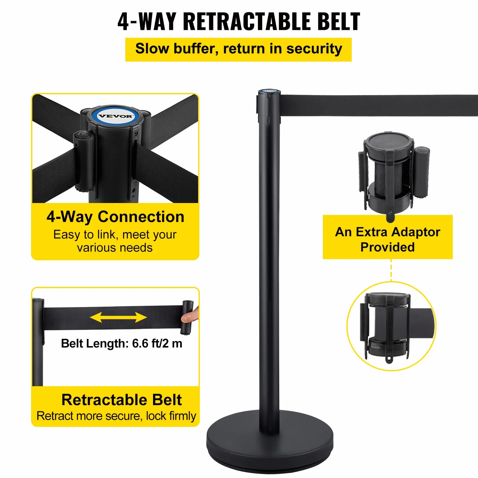 VEVOR Stanchion Control Stanchion, zestaw 4-częściowy, zestaw stanionów z 6,6 ft/2 m, czarny pasek chowany, czarna bariera kontroli tłumu z betonem i metalową podstawą – łatwy montaż