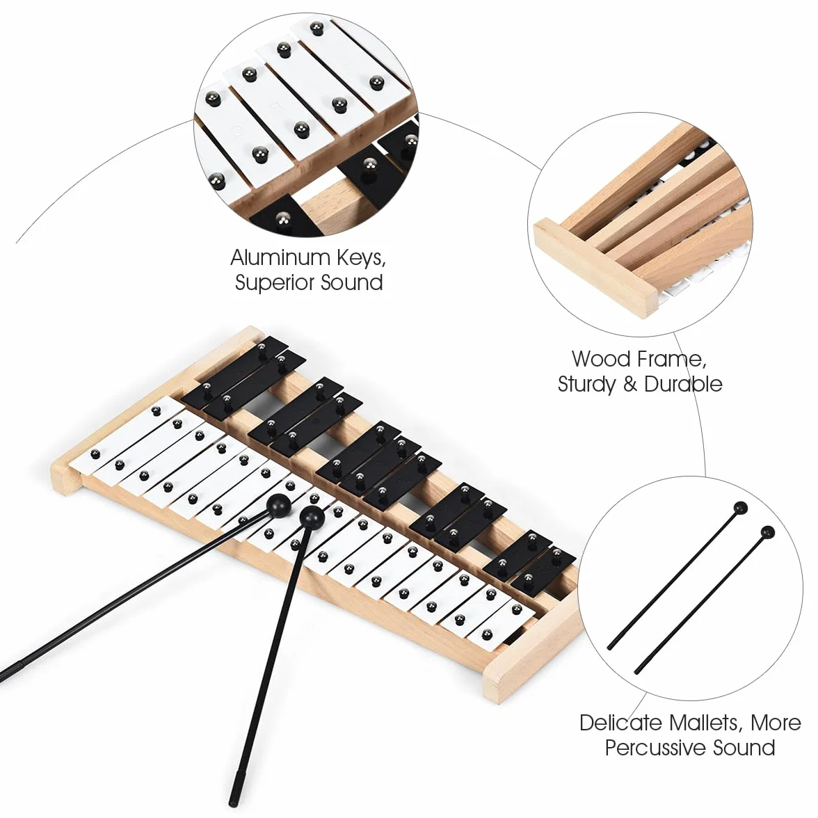 KOMFOTTEU 27 nut ksylofonu, dzwonki z metalowymi przyciskami i drewnianą podstawą, ręczna perkusja z 2 pałeczkami do noszenia, instrument perkusyjny do występów, koncert muzyczny