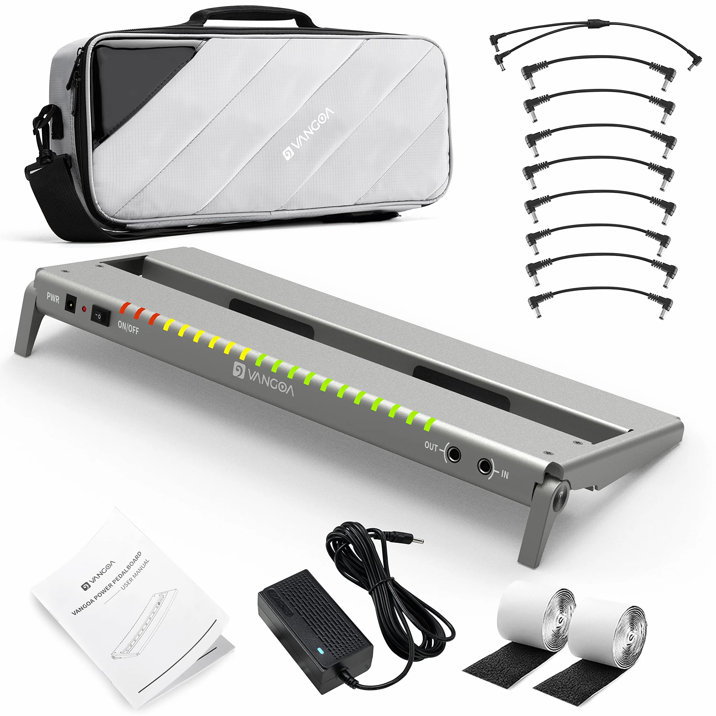 Vangoa do gitary elektrycznej z izolowanym zasilaczem, wejście 8 x 9 V, stop aluminium 1,3 kg, lekki pedalboard z torbą do przenoszenia, srebrna