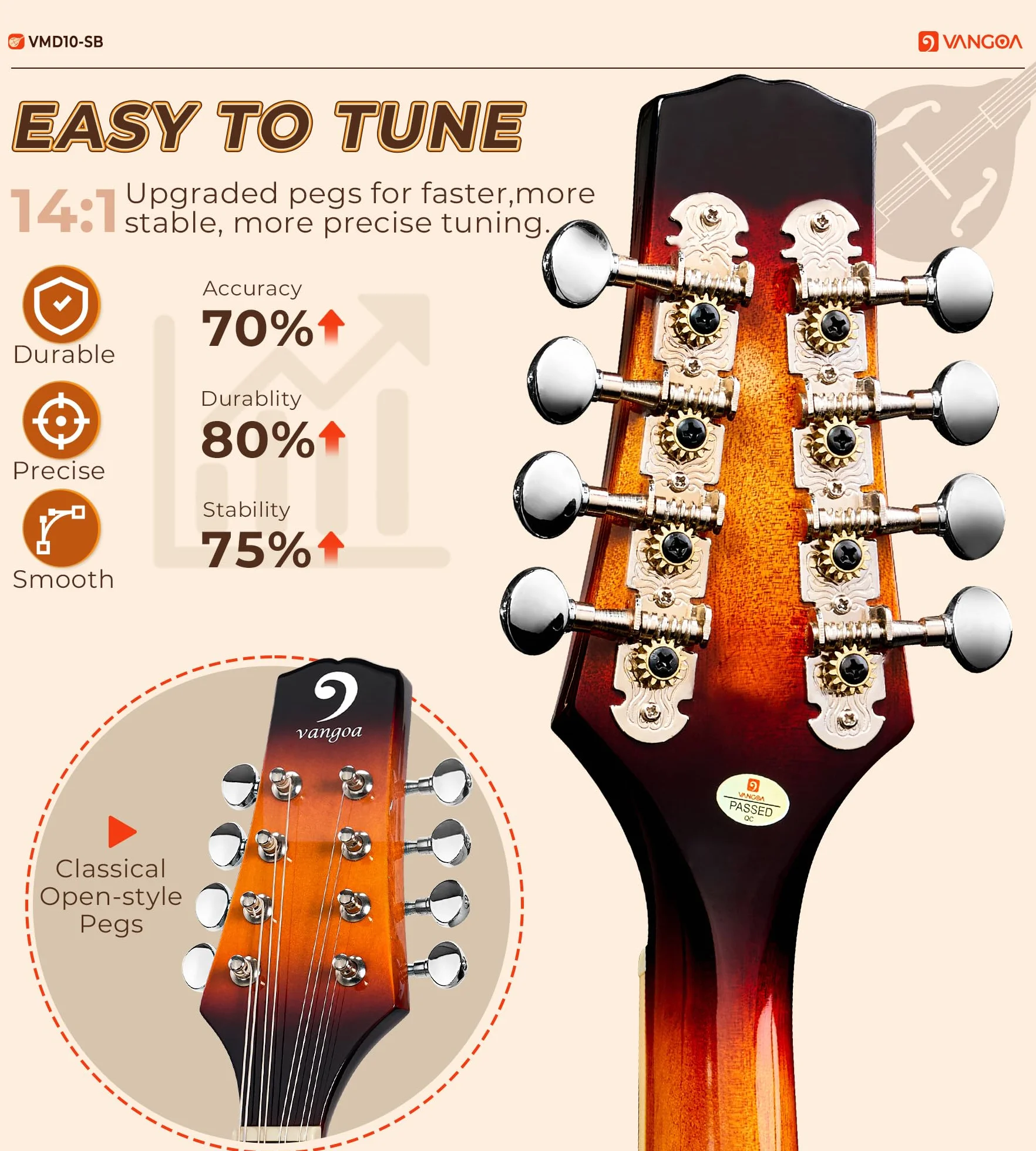 Vangoa Mandolina Instrument A Style Sunburst akustyczna mandolina dla początkujących z tunerem, strunami, torbą koncertową, kostkami