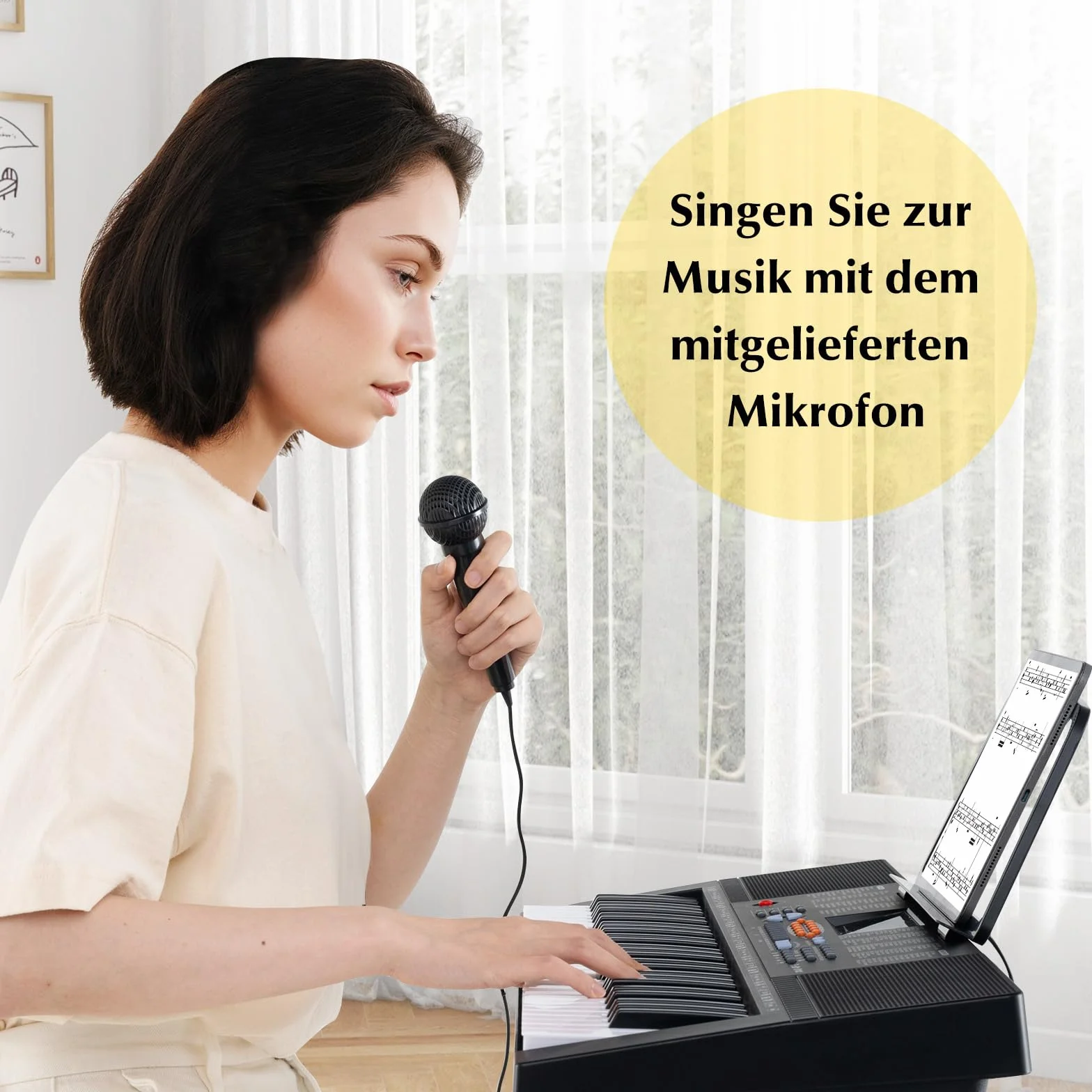 COSTWAY Klawiatura pianino dla początkujących z 61 klawiszami, cyfrowe pianino z 300 tonami, 300 rytmów, 50 demo, 3 tryby nauki, w zestawie stojak, mikrofon