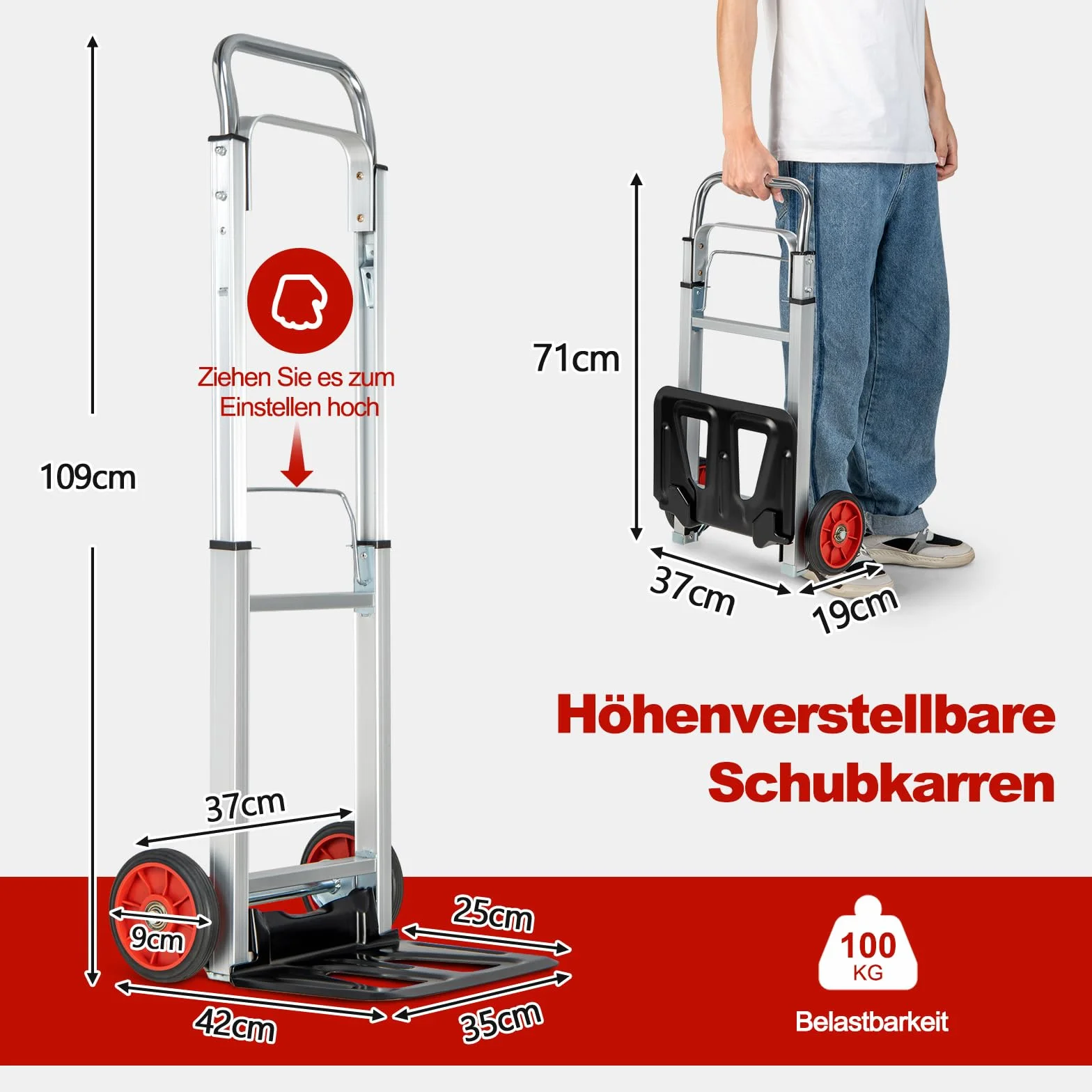 COSTWAY Wózek transportowy składany, wózek transportowy z uchwytem teleskopowym i składaną powierzchnią ładunkową, obciążenie do 100 kg, aluminiowy wózek ręczny, do domu, ogrodu, magazynu