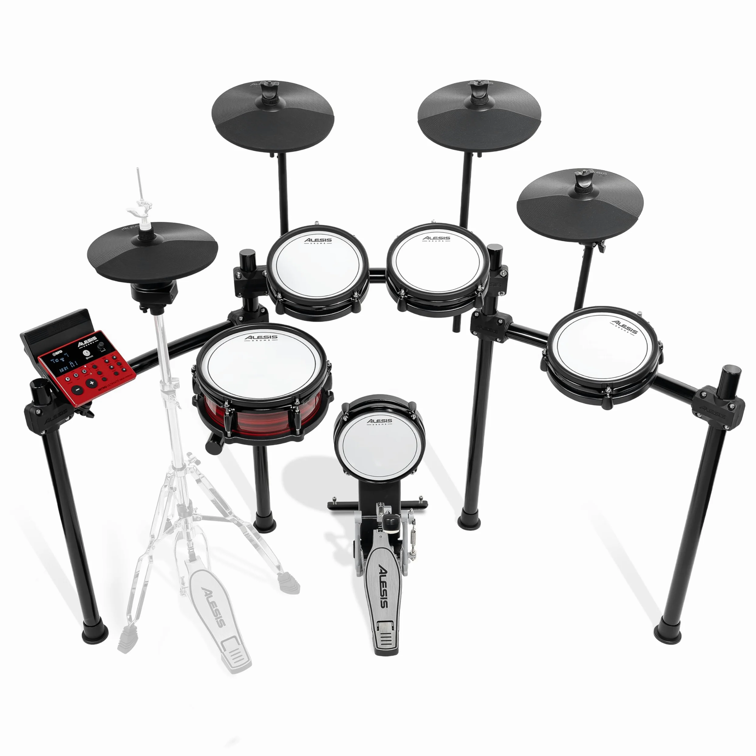 Alesis Nitro Ultimate Elektroniczny Zestaw Perkusyjny z Podwójnymi Padami Siatkowymi, Niezależnym Hi-Hatem, 640 Brzmieniami BFD 52 Zestawami, Bluetooth, Drumeo, USB MIDI, Podwójną Stopą Basową