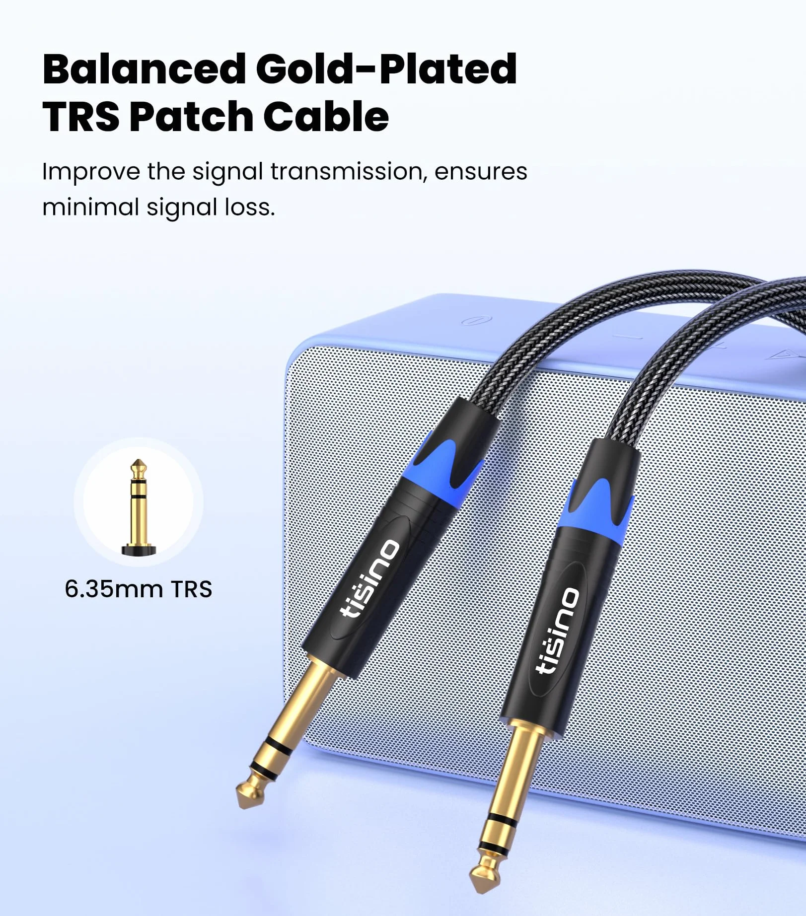 Tisino Kabel TRS 6,35 mm męski na męski, zbalansowany kabel audio jack 1/4 cala, nylonowy oplot, pozłacane złącza, do monitorów studyjnych, miksera, wzmacniacza, gitary, basu i keyboardu-2m