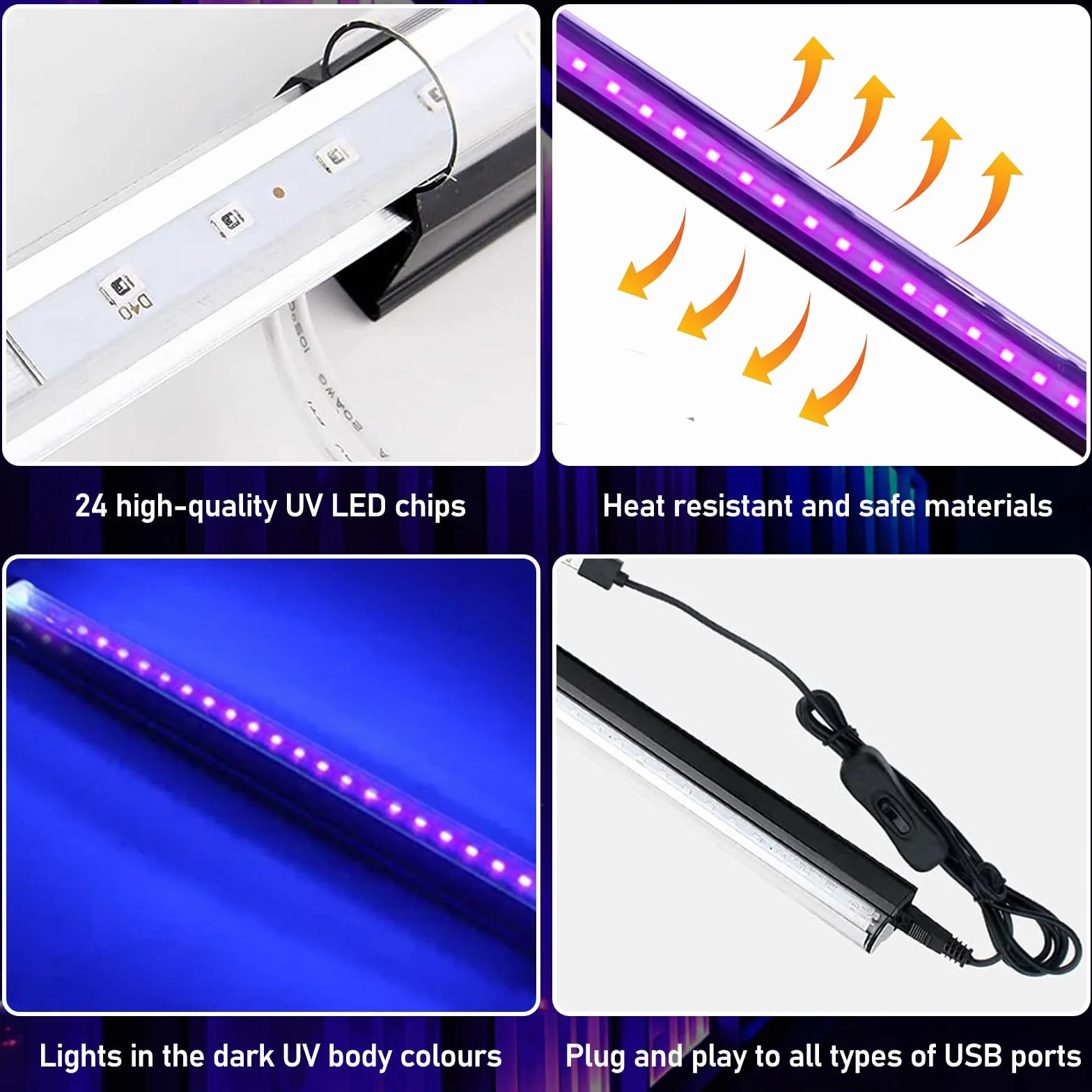 Rurka z czarnym światłem, 3 sztuki lamp LED 5 W, 24 LED 28 cm, taśma UV z przełącznikiem, USB LED, oświetlenie imprezowe, oświetlenie sceniczne, malowanie ciała, akcesoria