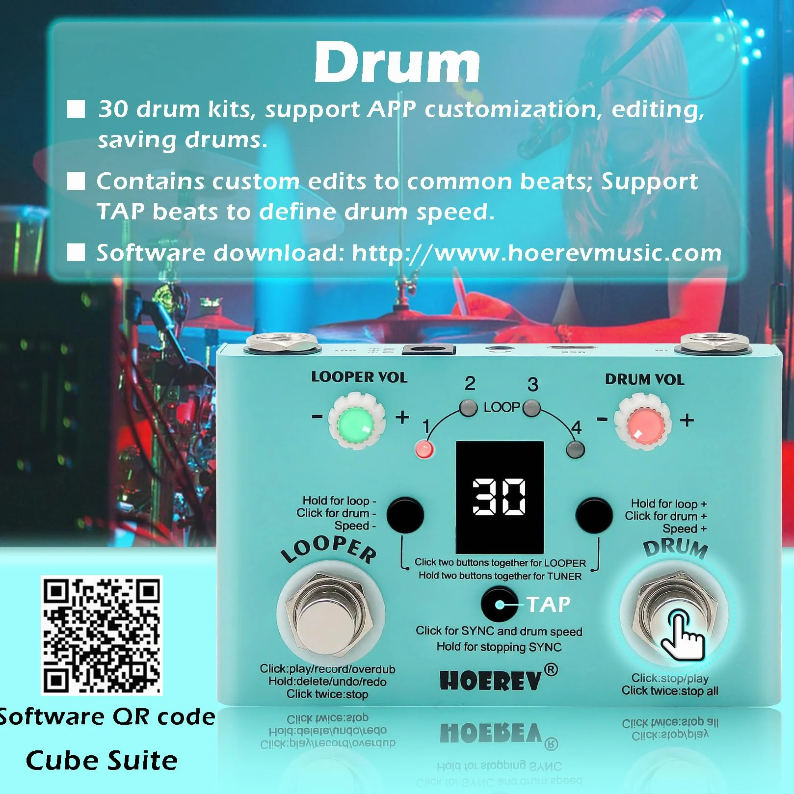 HOEREV Tuner bębna Looper efekt audio stacja robocza pedał gitarowy