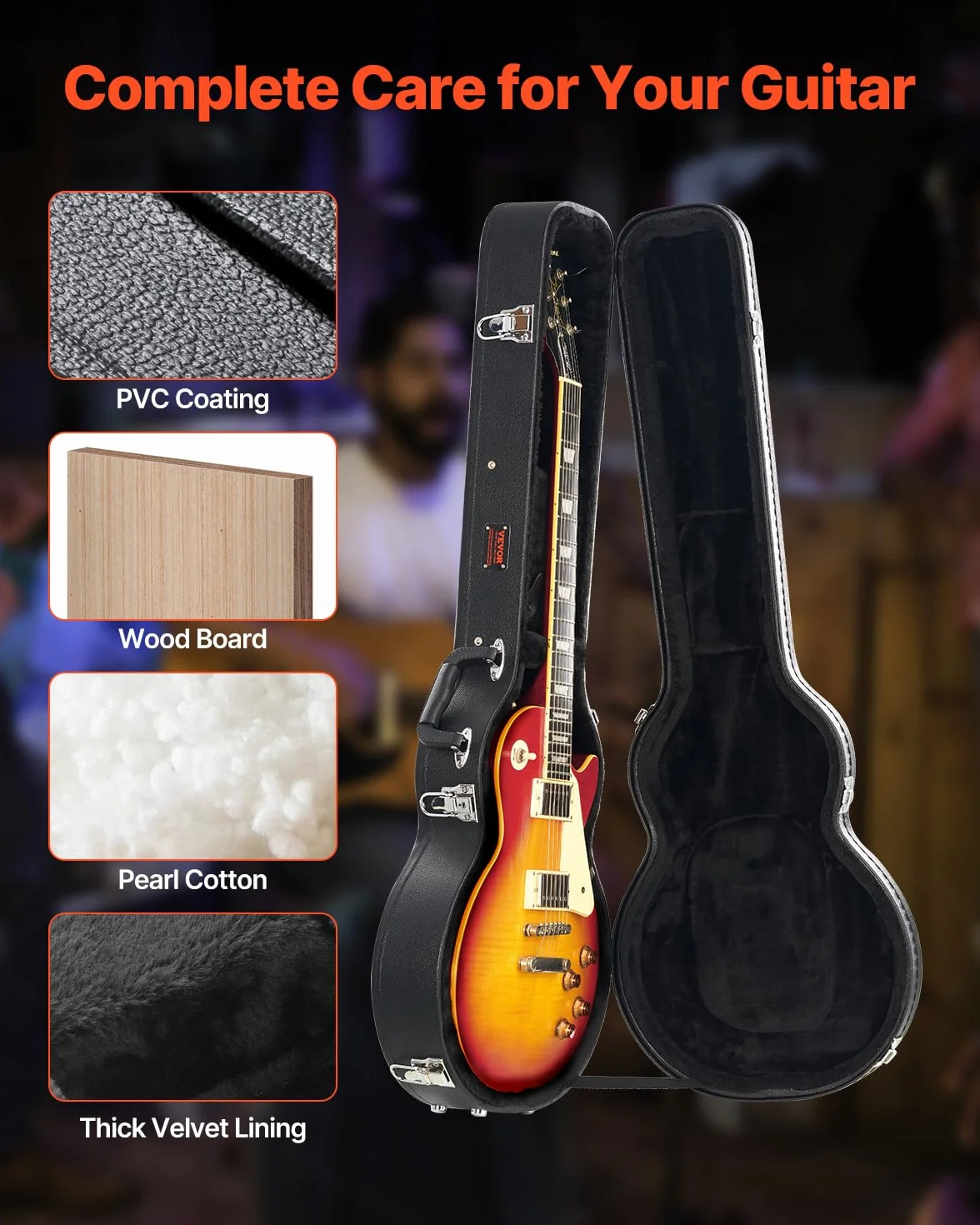 VEVOR Twardy futerał na gitarę elektryczną 1050 mm z zamkiem na klucz, uchwyt, wypełnienie PCW, miękka podszewka, wodoodporne do gitar elektrycznych 39 cali, 99 cm, czarne