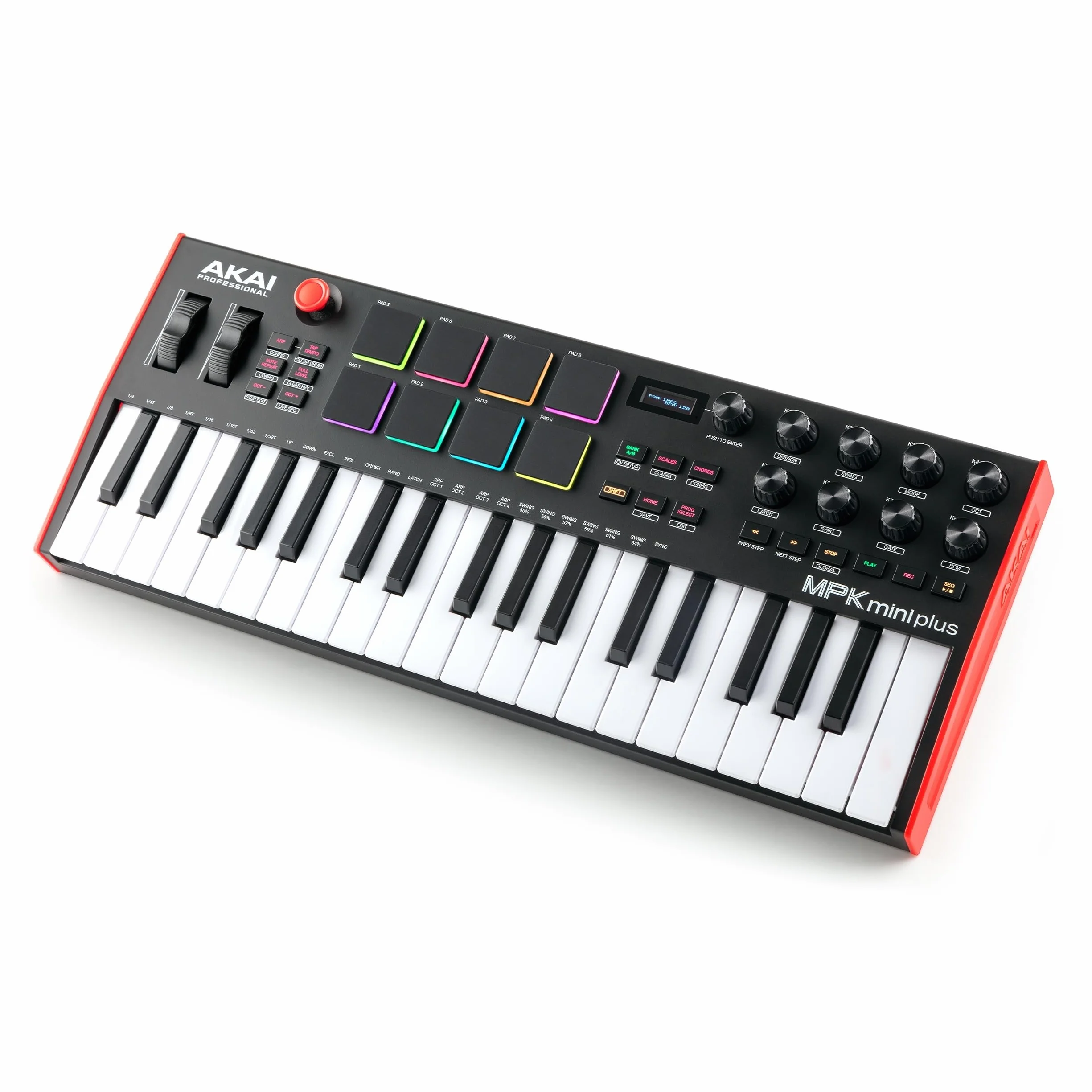 Akai Professional MPK Mini Plus – klawiatura sterująca USB MIDI z 37 miniklawiszami, 8 padami MPC, sekwencerem, MIDI/CV/Gate I/O, programem do produkcji muzyki oraz pakietem Native Instruments