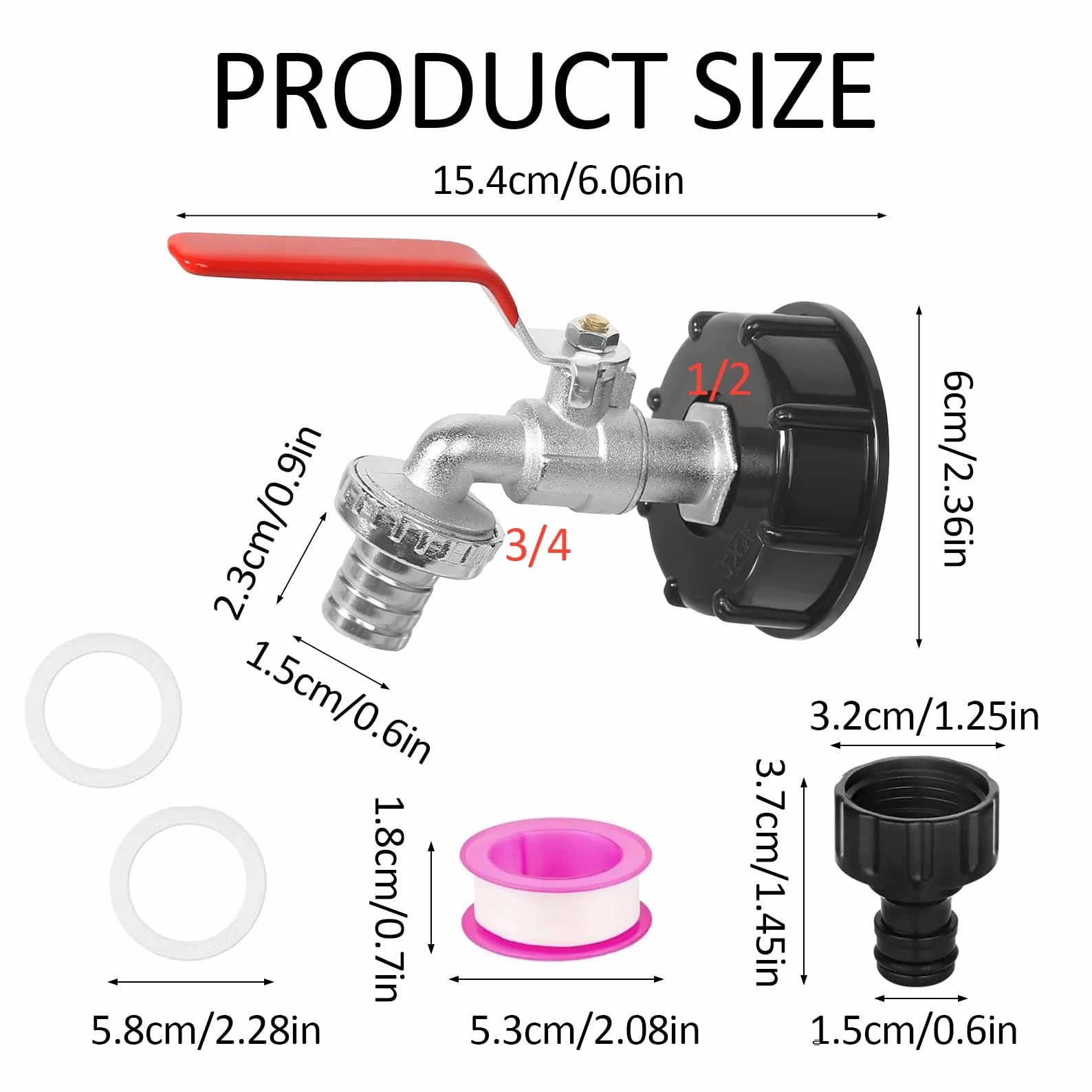 IBC zawór odpływowy 1/2" do zbiornika na deszczówkę 1000 l, akcesoria do zbiornika na wodę 3/4", z adapterem węża ogrodowego, akcesoria do zbiornika IBC, adapter do przyłącza