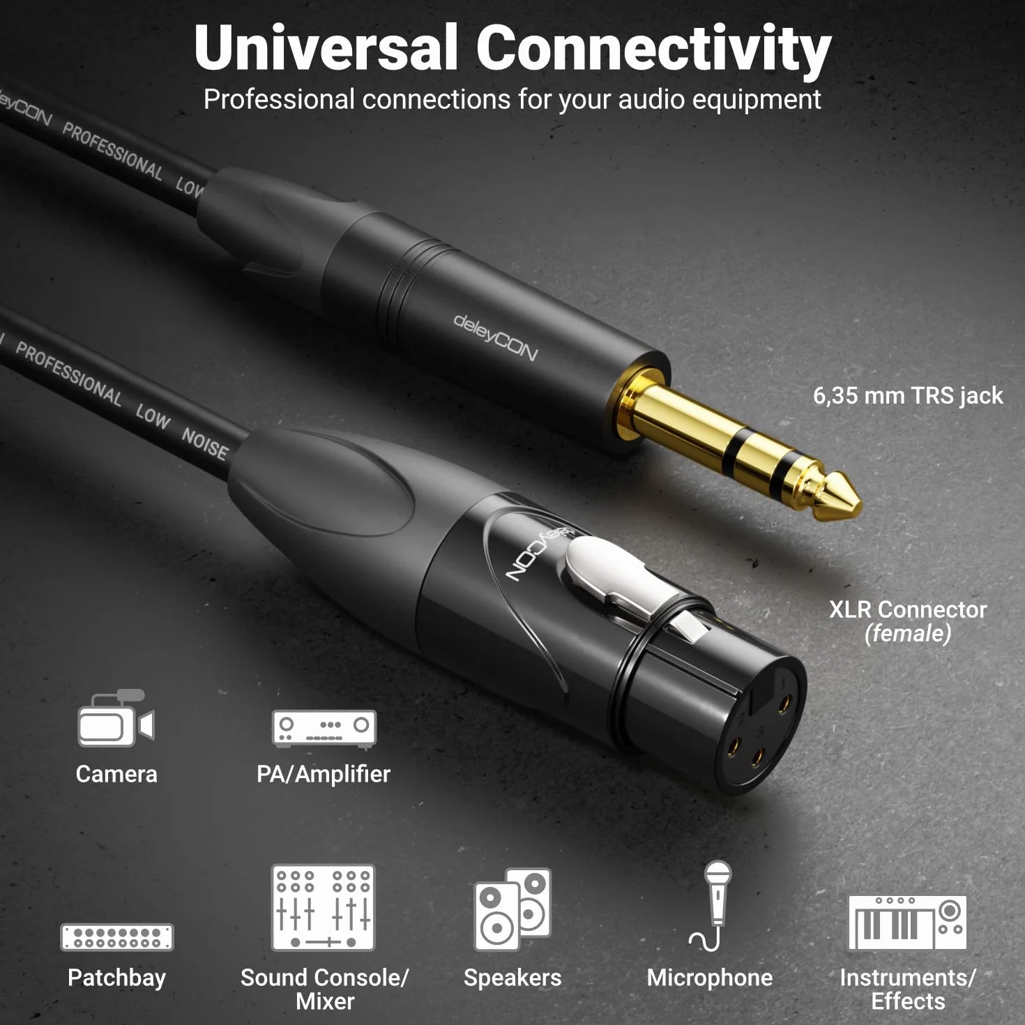 deleyCON 3,0m XLR do 6,35mm Jack Stereo - mikrofonowy adaptera audio AUX - Jakość studyjna - Wykonane z czystej miedzi OFC (AWG24) XLR Żeńskie na Jack 6,35mm Męskie - Metal Lock