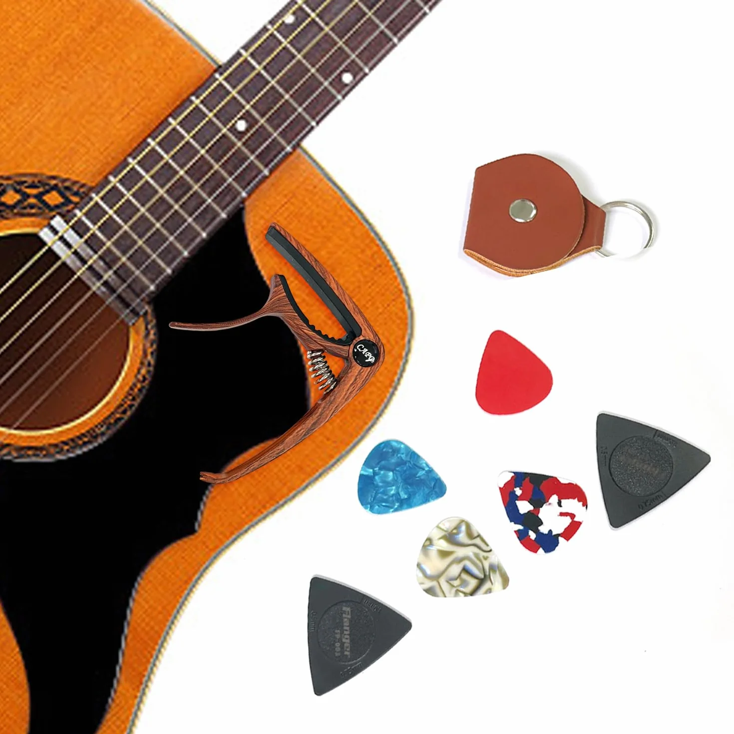 Zestaw gitarowy: metalowy klips do strojenia, 2 matowe kostki, wielofunkcyjny kapodaster i torba na akcesoria z 4 kostkami