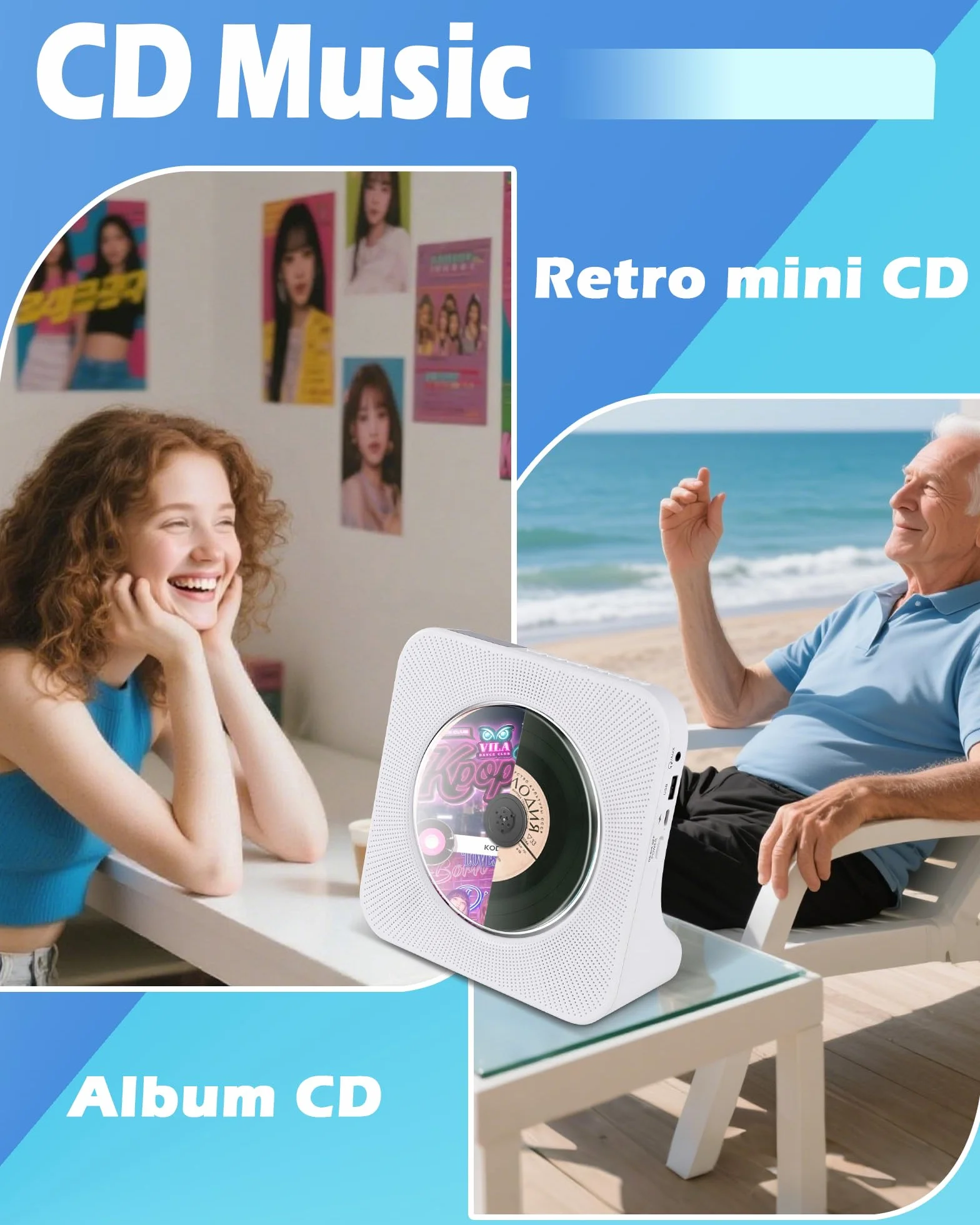 Ładowalny Przenośny Odtwarzacz CD，Wbudowany Odtwarzacz CD Bluetooth z Dwoma Głośnikami, Pilot Zdalny, USB，AUX，Domowe Odtwarzaczes CDs HiFi Stereo，Odtwarzaczs CDs Kompaktowy, Radio FM
