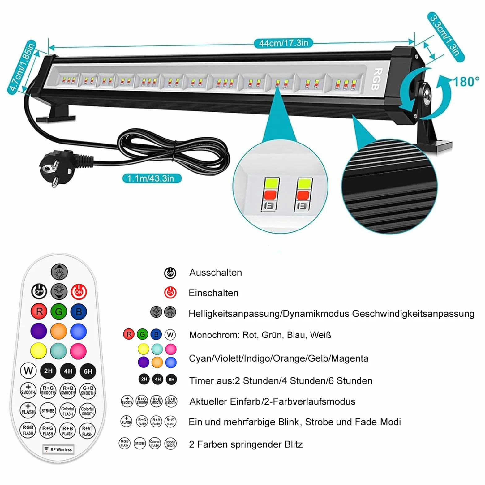 MEIHUA Reflektor RGB 42 W, 10 kolorów, 30 trybów, 6 poziomów jasności, IP66, wodoszczelny, z pilotem zdalnego sterowania, oświetlenie imprezowe, na imprezę, na Boże Narodzenie, Halloween