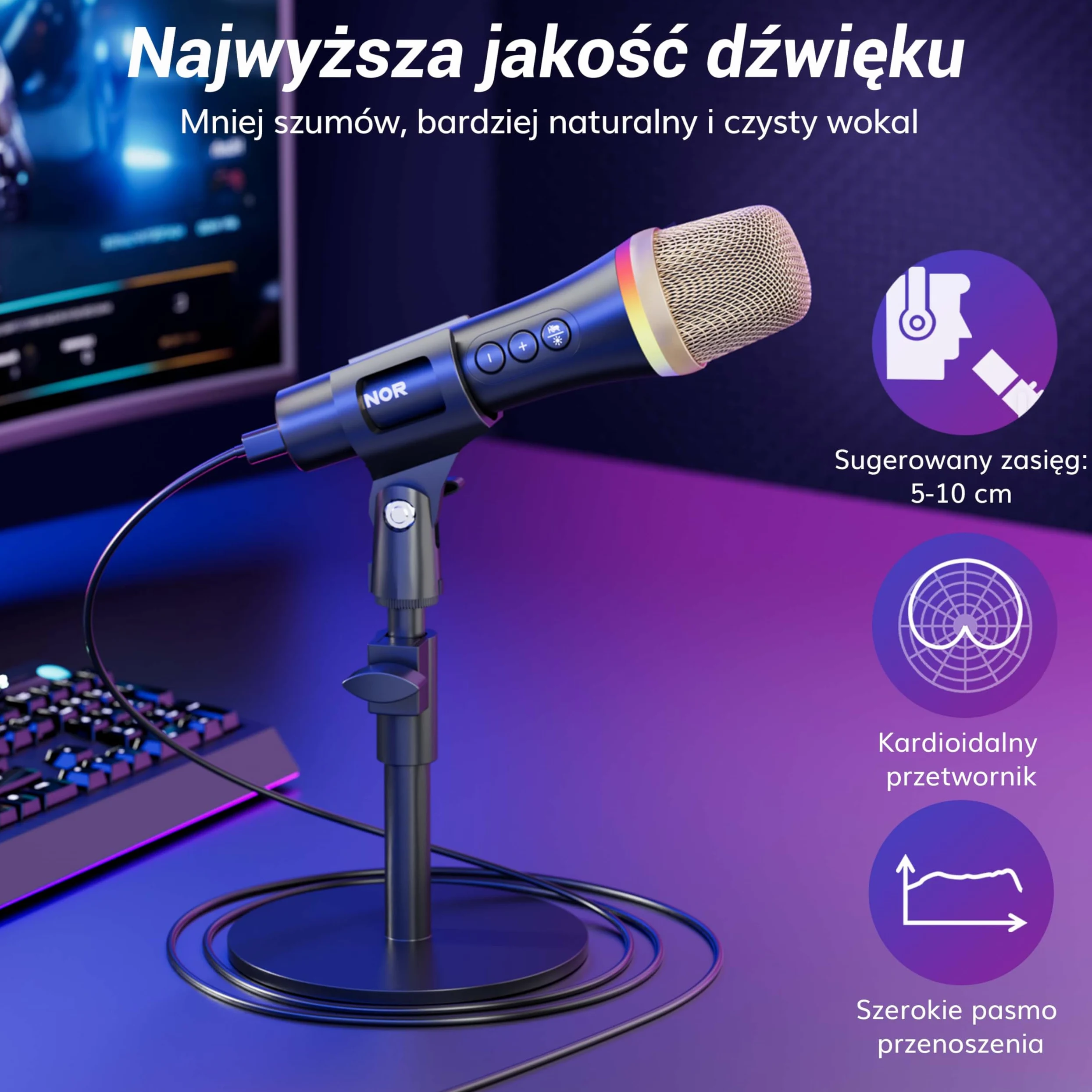TONOR Mikrofon dynamiczny USB/typ C do komputera PC, mikrofon do gier komputerowych do podcastów RGB ze stojakiem biurkowym do nagrywania, Na żywo,YouTube, śpiewania, studia, karaoke czarny