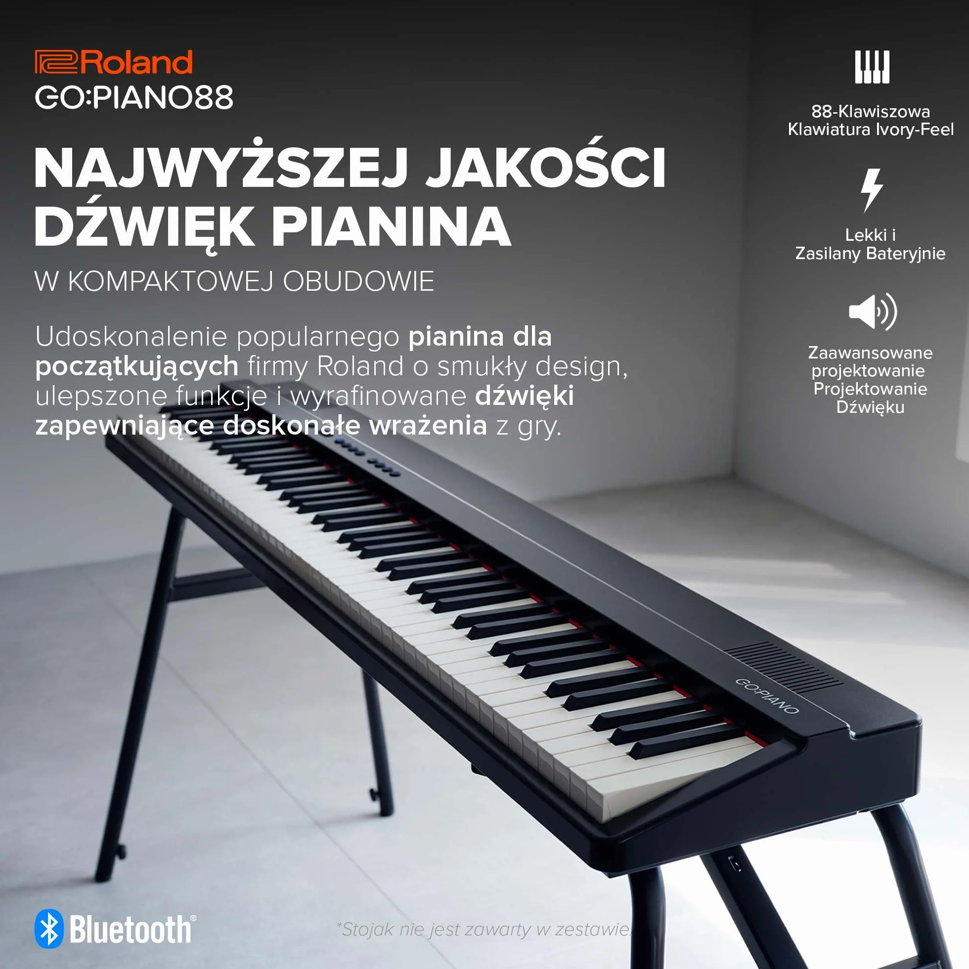 Roland GO:PIANO88 | Przenośne Pianino Cyfrowe 88-Klawiszowe dla Początkujących | Najwyższa Wydajność | Lekka Konstrukcja | Zaawansowane Funkcje Edukacyjne | Zasilanie Bateryjne