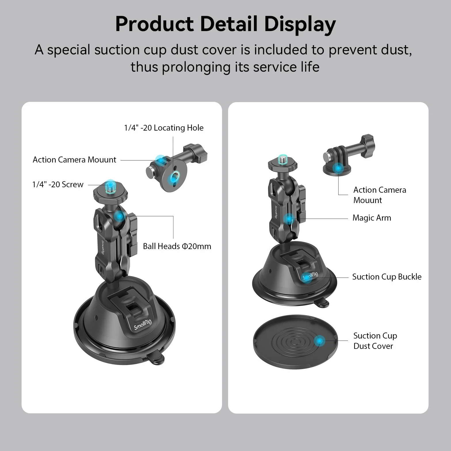 SMALLRIG Dwuwarstwowy Uchwyt z Przyssawką dla GoPro Hero 11/10/9, dla DJI Osmo Action/Procket, dla Insta360 X3, Podwójna Głowica Kulowa, Obrót o 360°, Montaż na Szybie Samochodu lub Oknie SC-1K -4193