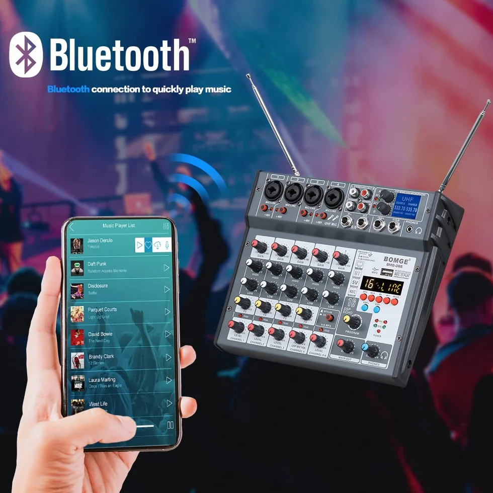 BOMGE 6-kanałowy mikser konsoli audio DJ z bezprzewodowym mikrofonem Dua UHF, USB, Bluetooth, fantomem 48 V, 16 Echo/opóźnienie, do nagrywania w studiu domowym, DJ, sieci, karaoke, gitara PC
