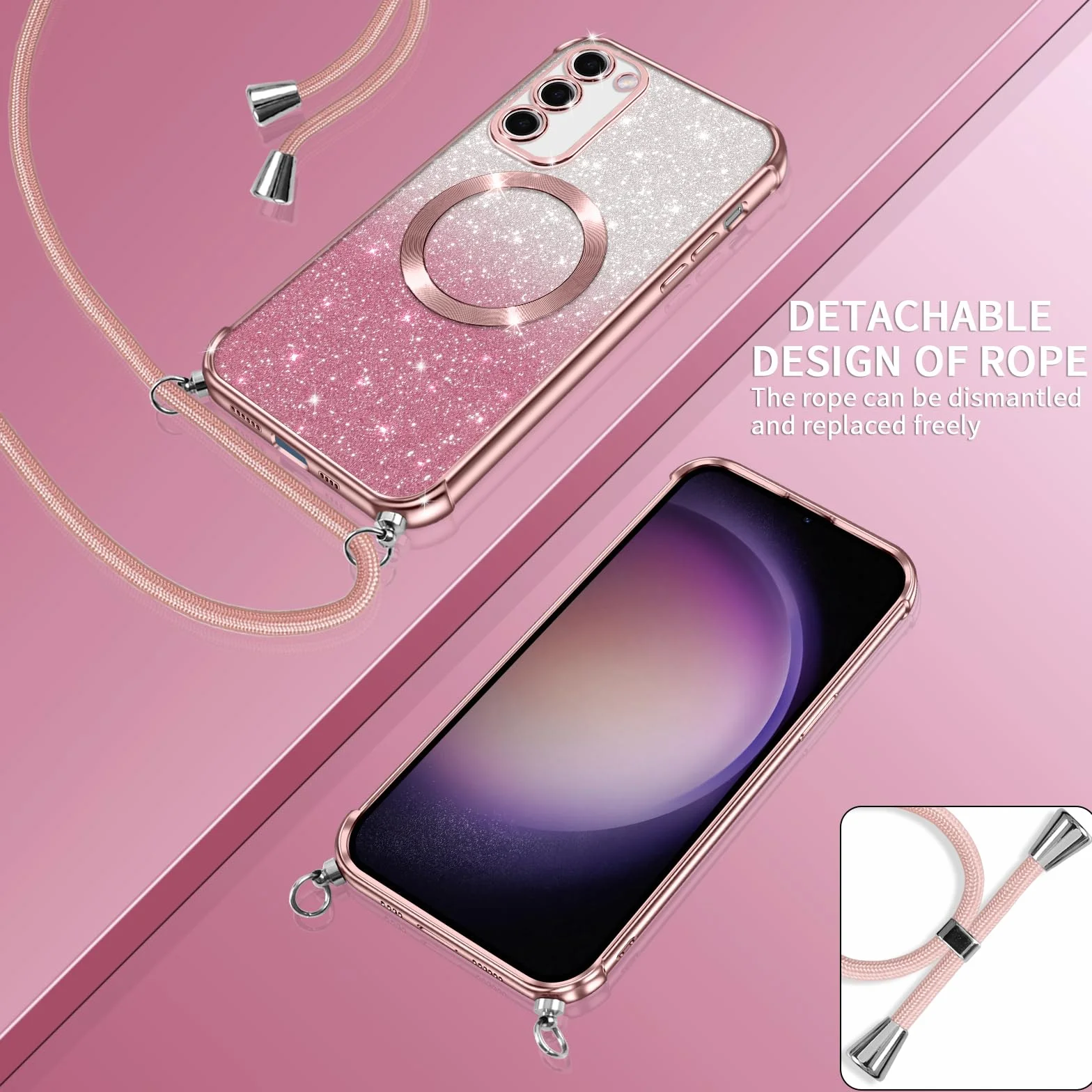Phoona Etui z łańcuchem na telefon komórkowy do Samsunga Galaxy S23 Plus 5G z paskiem [Kompatybilne z MagSafe], luksusowe etui z błyszczącym powłokiem magnetycznym do Samsunga S23 Plus 5G, ochronne