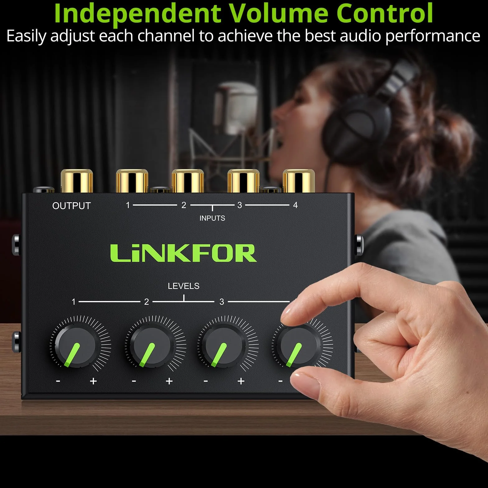 LiNKFOR 4-kanałowy mikser audio stereo CX400 metalowa obudowa obsługuje wejście i wyjście RCA mini pasywny mikser stereo z oddzielnymi regulacjami głośności