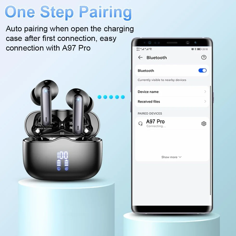 Bezprzewodowe słuchawki douszne, słuchawki bezprzewodowe bluetooth 5.4 z mikrofonami z redukcją szumów ENC, 40 H z głębszym basem, wodoodporne słuchawki IP7 z wyświetlaczem LED, Czarny